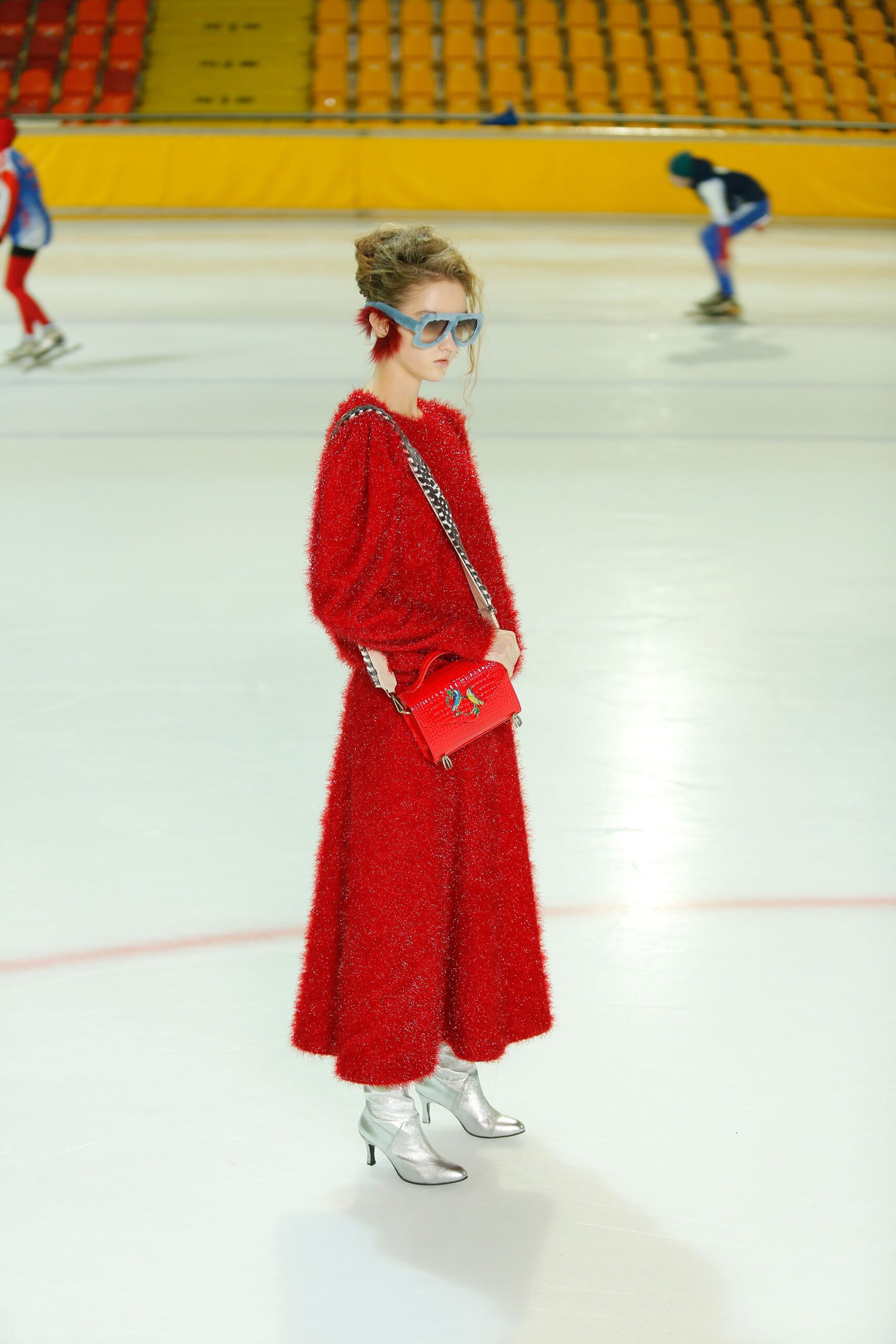 red wool long-sleeve high-neck relaxed layered midi dress