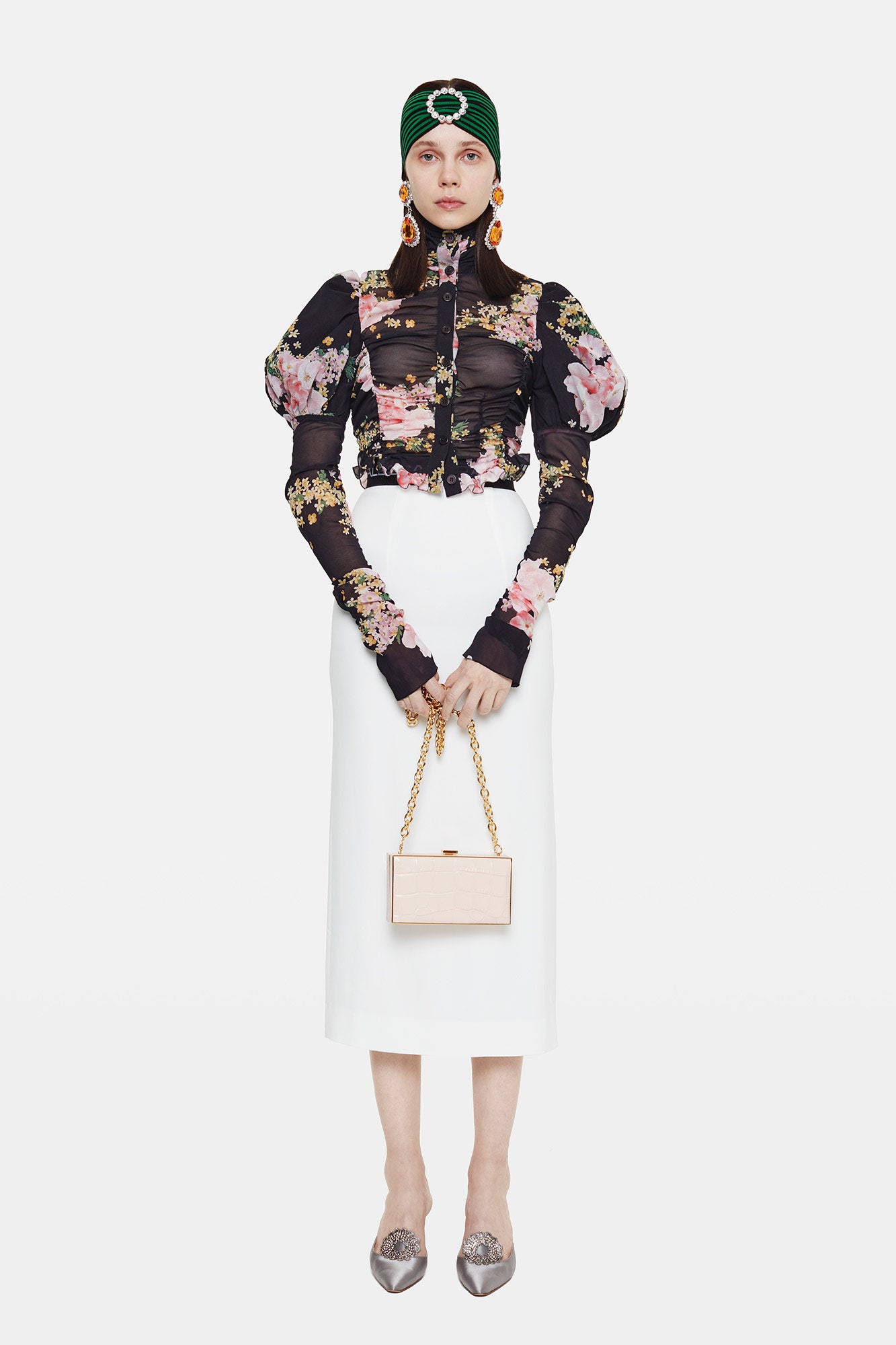 black silk long-sleeve collared fitted floral padded blouse