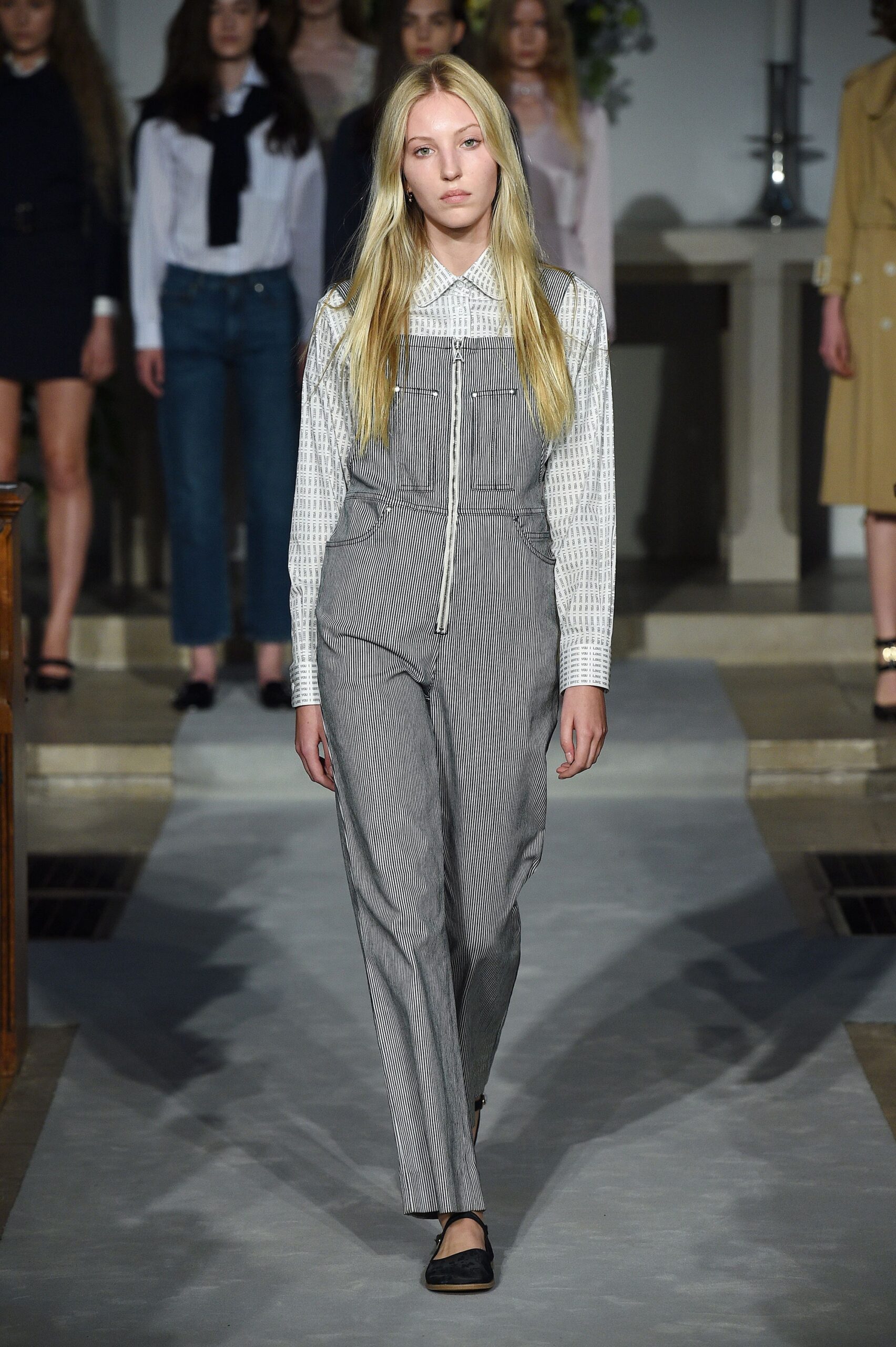 gray cotton sleeveless collared fitted striped zippered jumpsuit