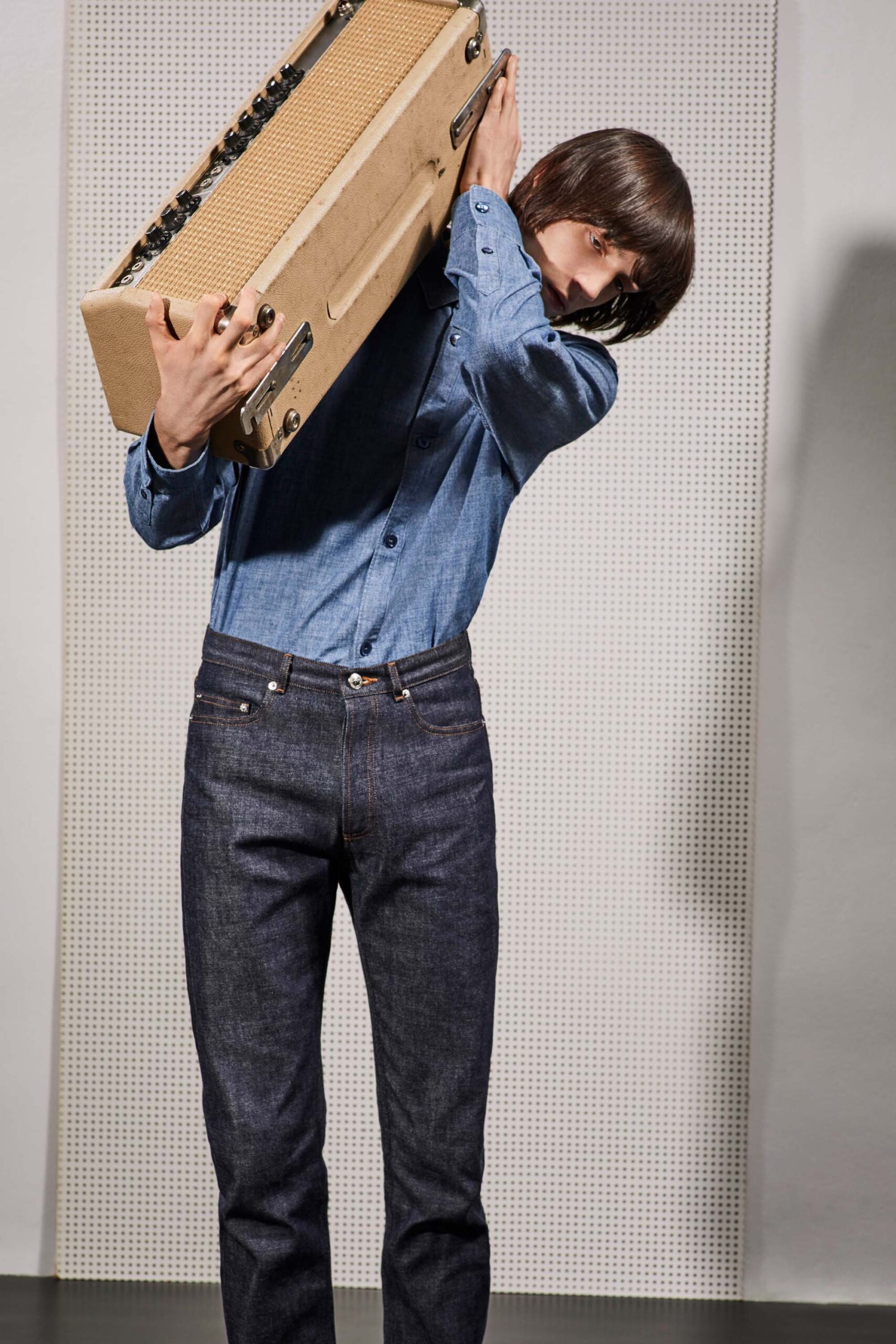 fitted denim shirt and slim jeans