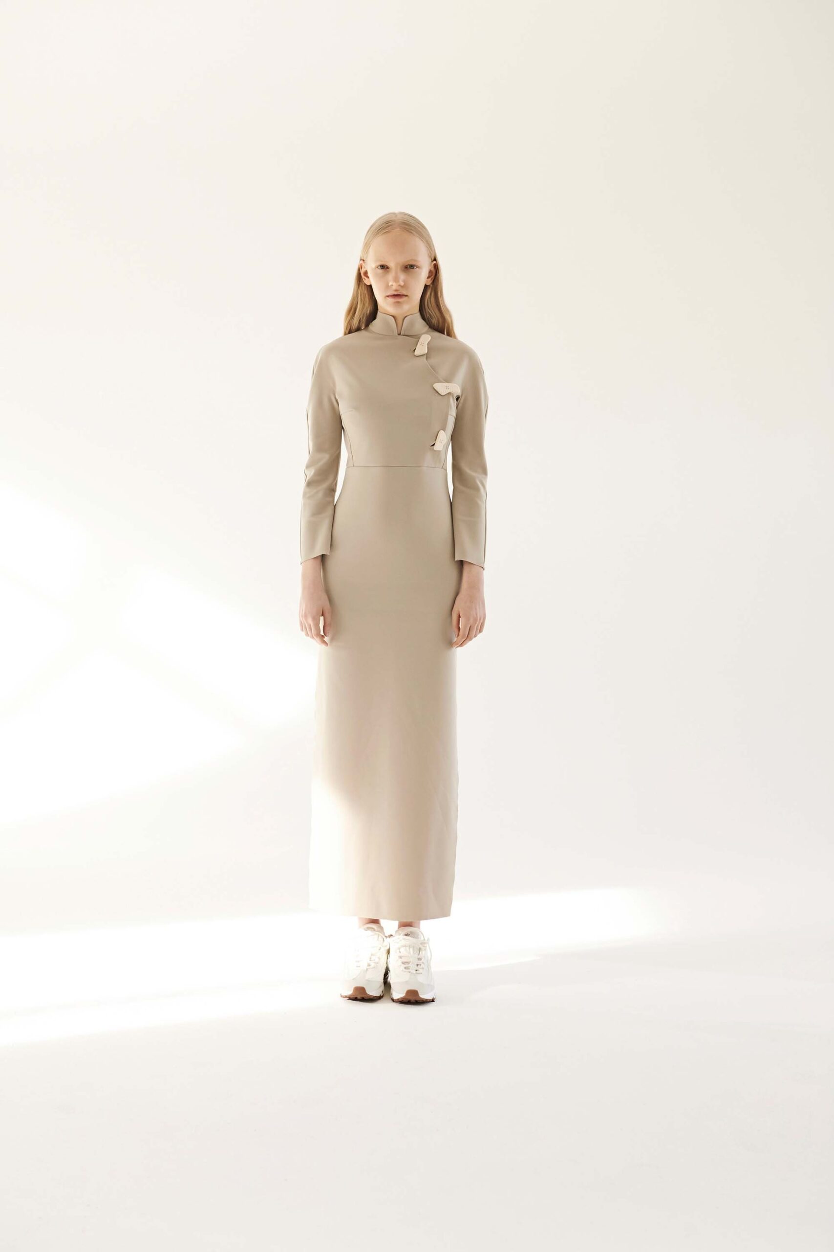 fitted beige silk maxi dress