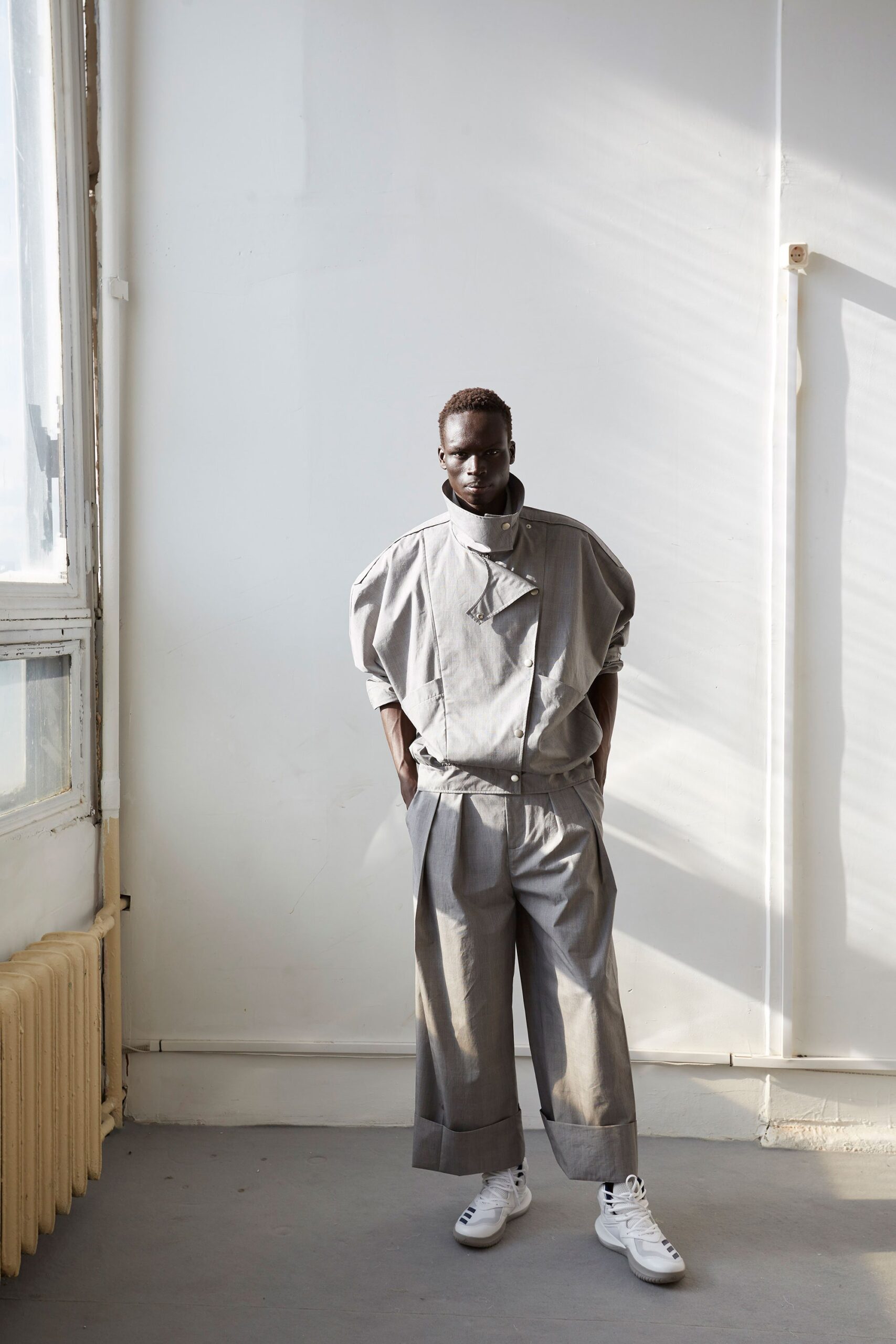 gray relaxed jacket and pants