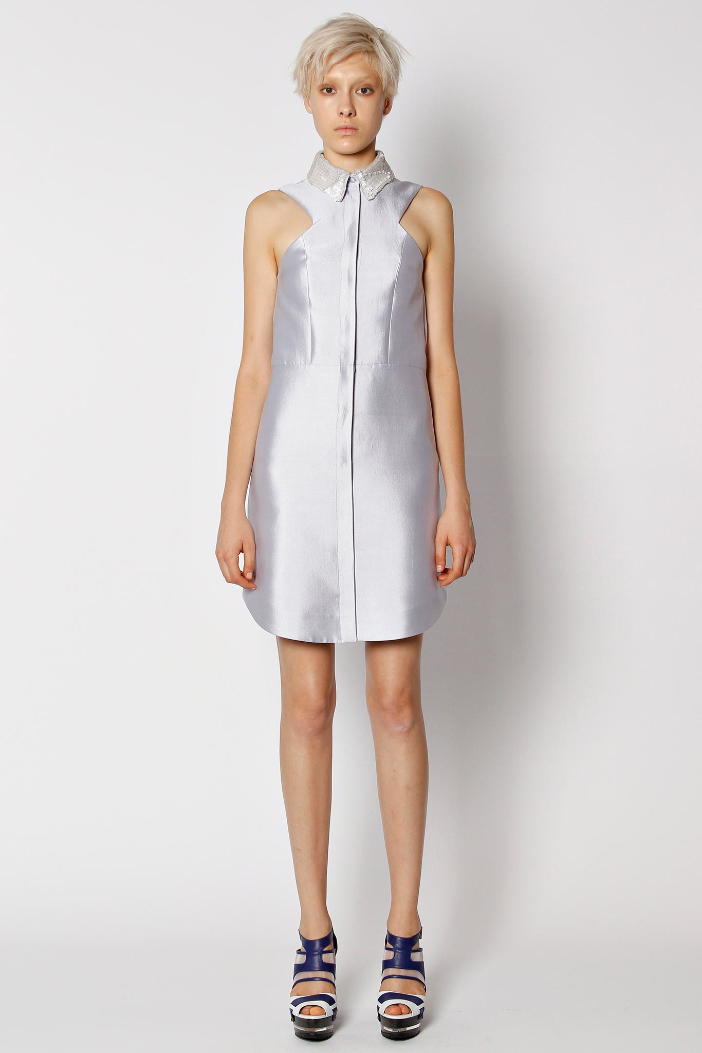 fitted silver satin mini dress