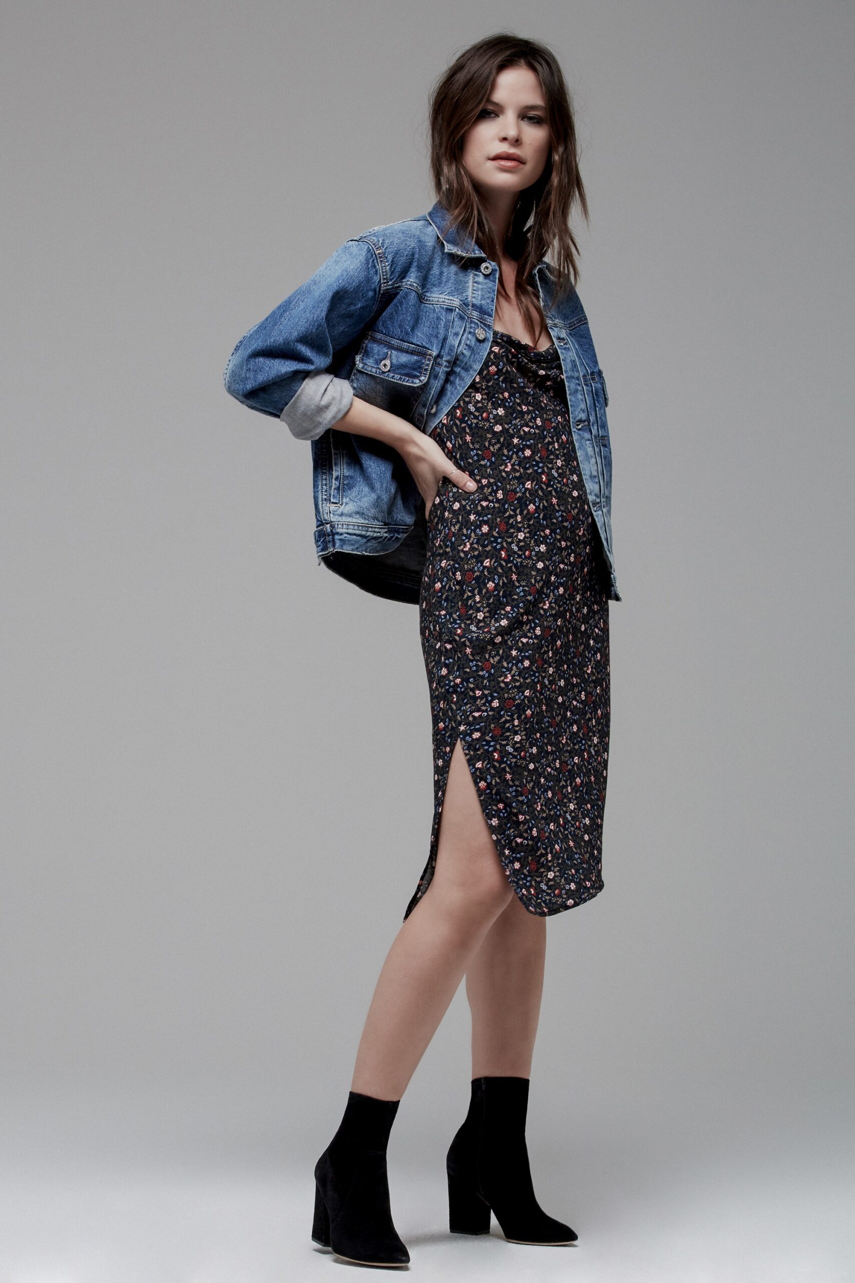 floral midi dress with denim jacket