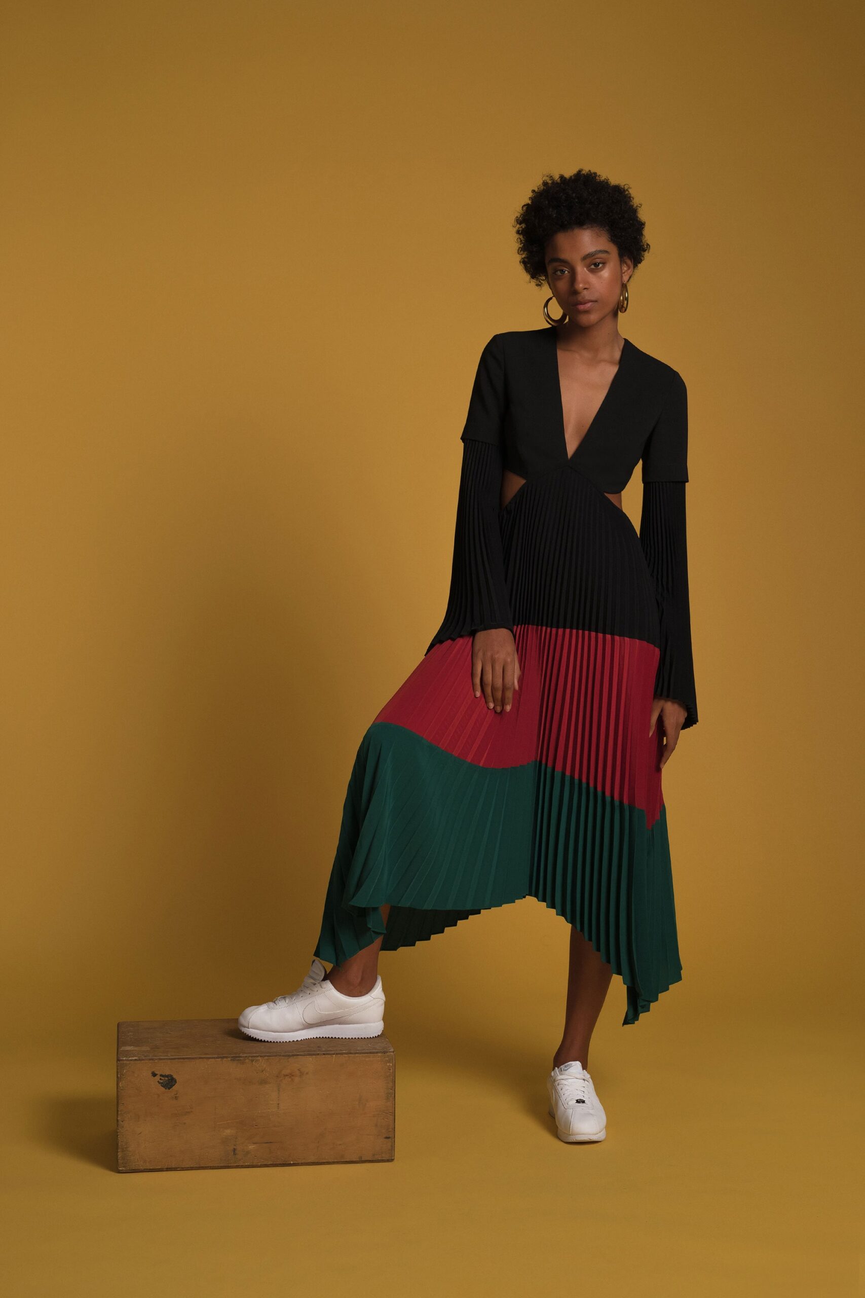 black pleated midi dress