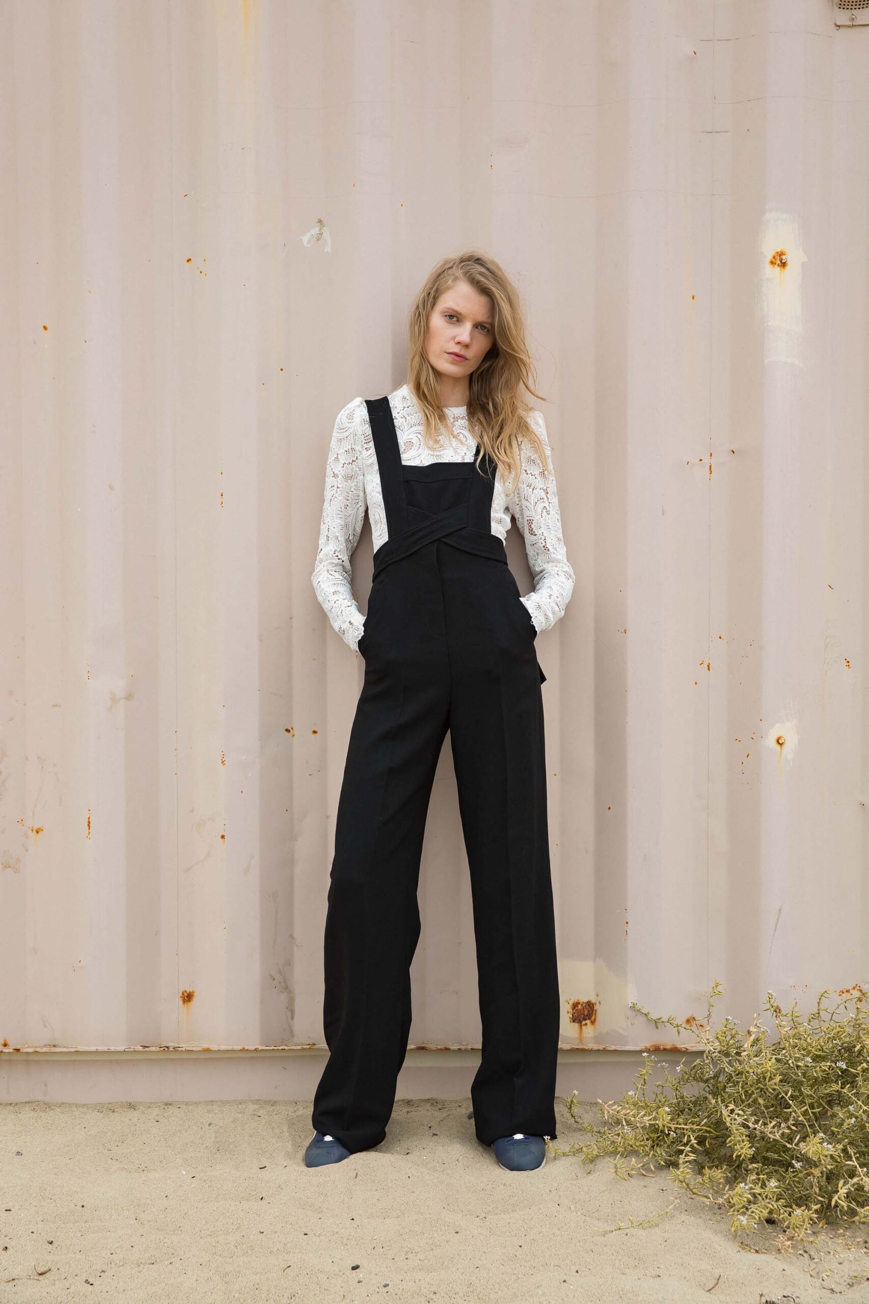 black cotton sleeveless relaxed wide-leg pockets overalls
