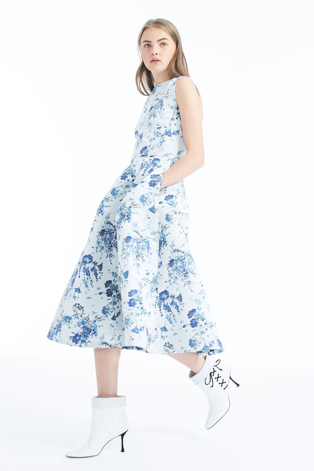 blue and white floral midi dress with white boots