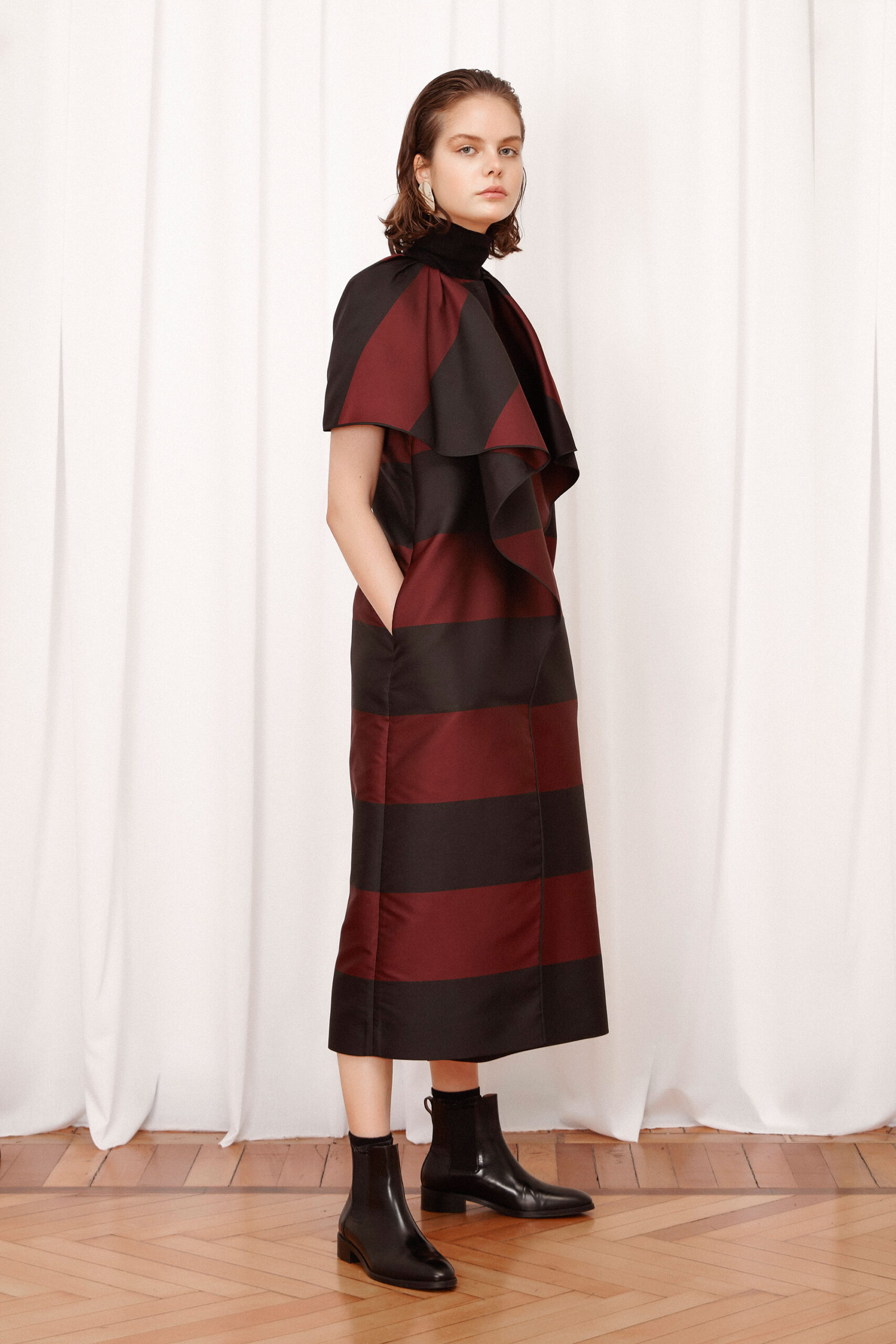 black silk sleeveless high-neck fitted striped draped dress