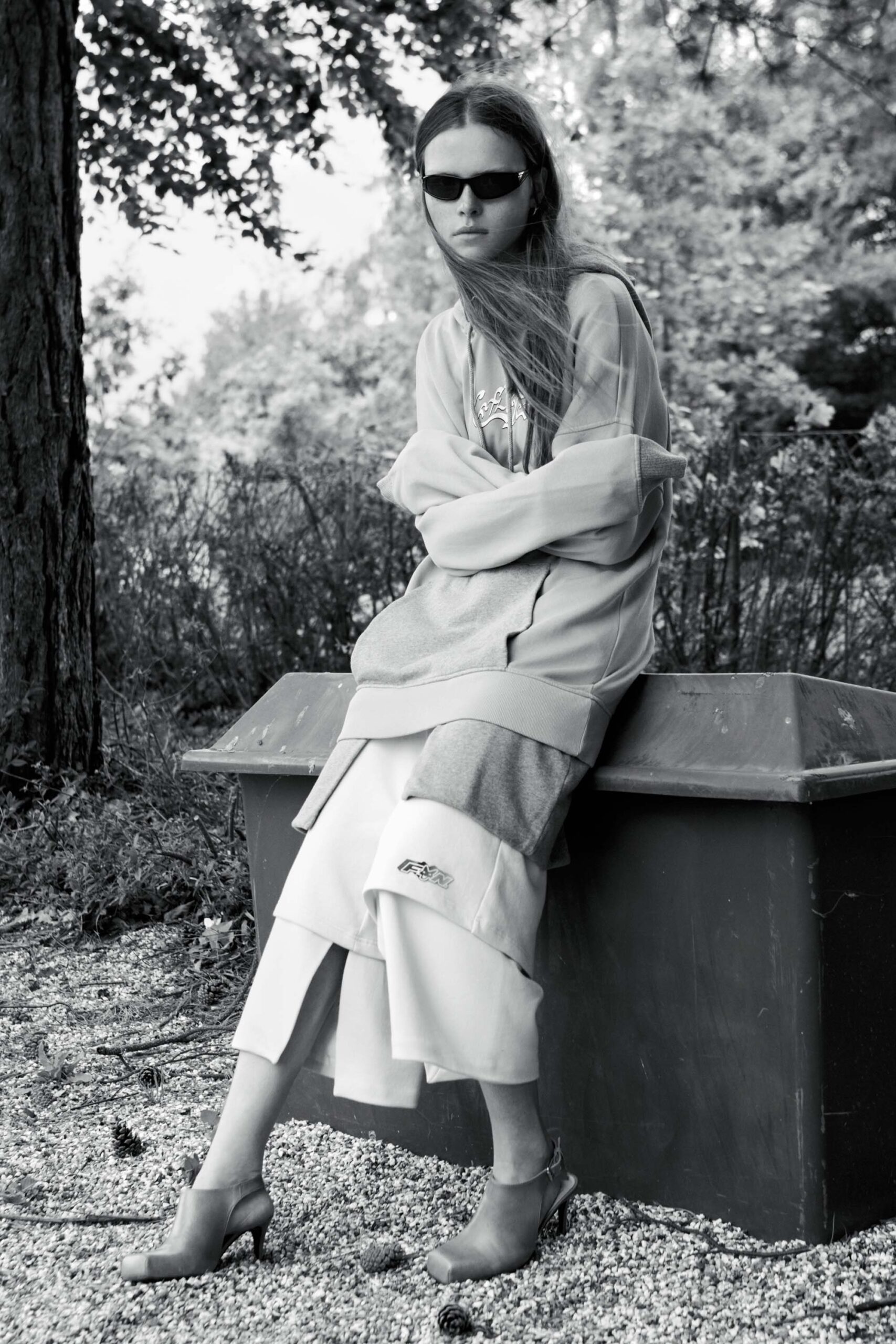 gray relaxed hoodie with white skirt