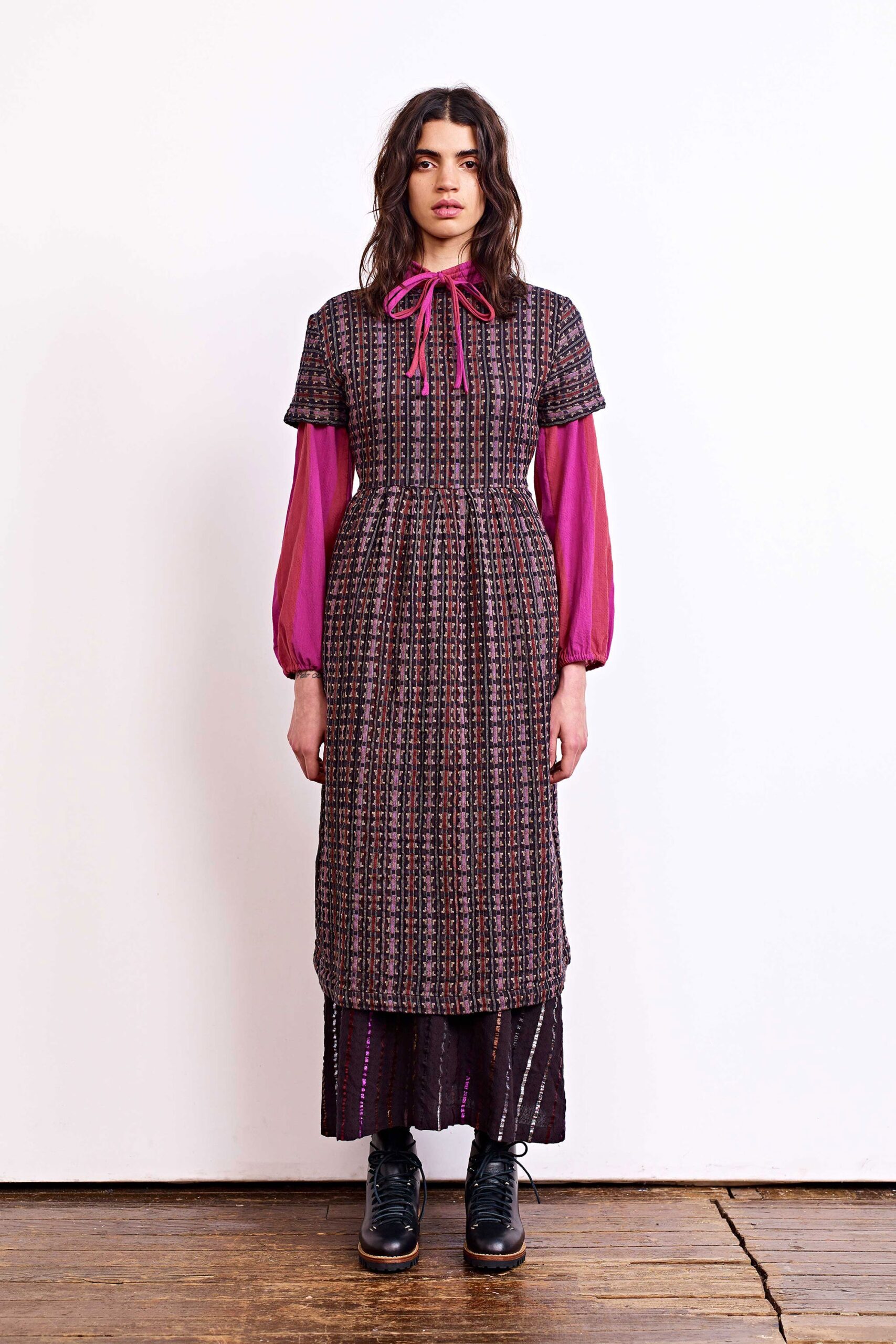 black printed midi dress with pink blouse