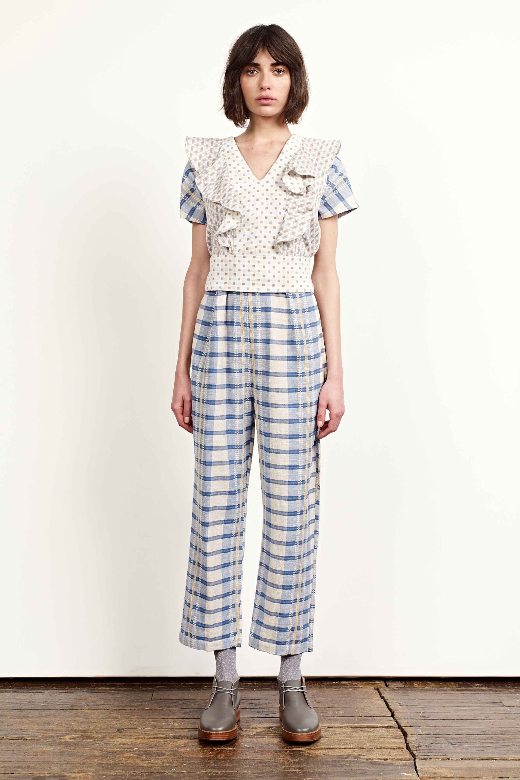 white and blue checked jumpsuit