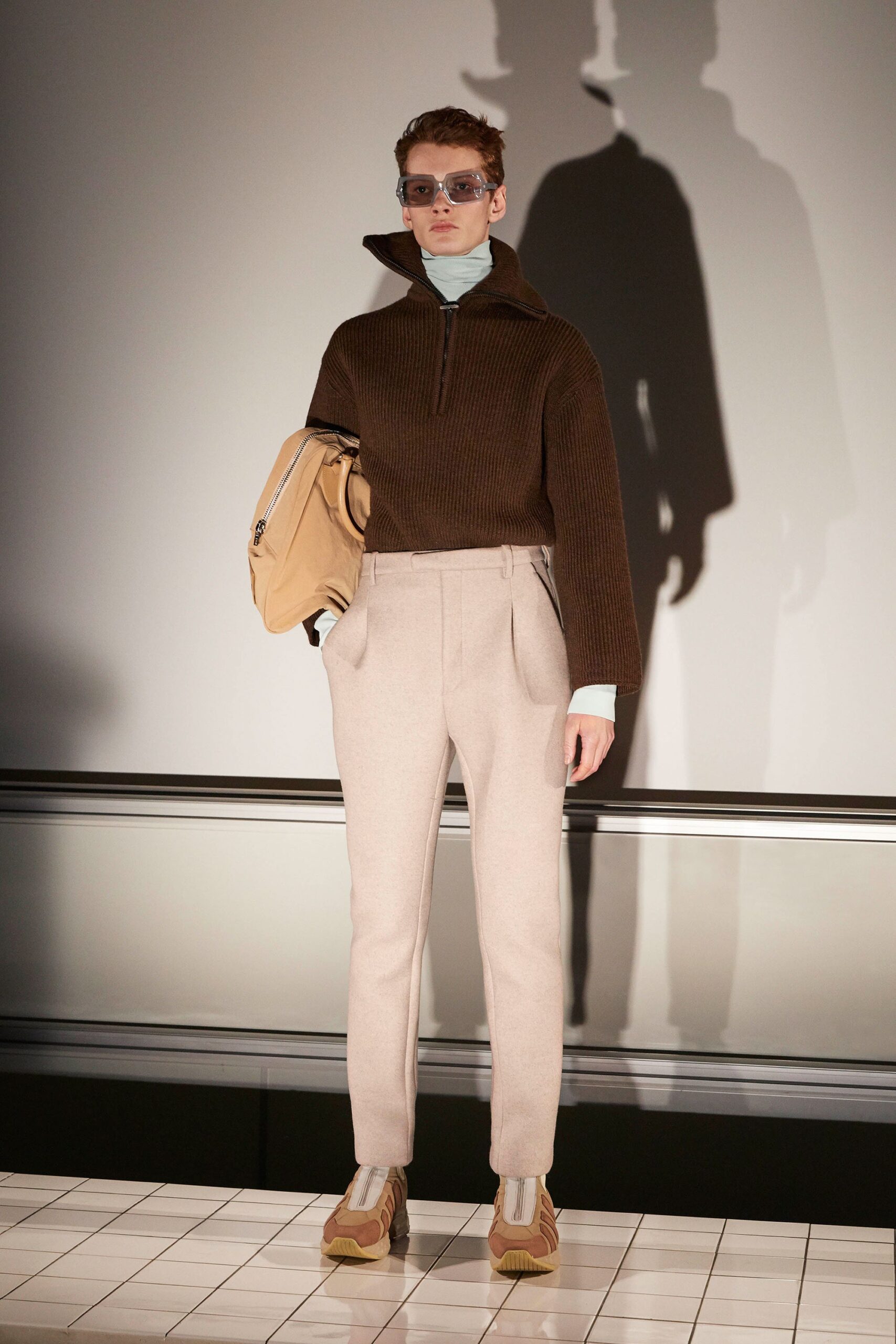 brown cotton top with beige tailored pants