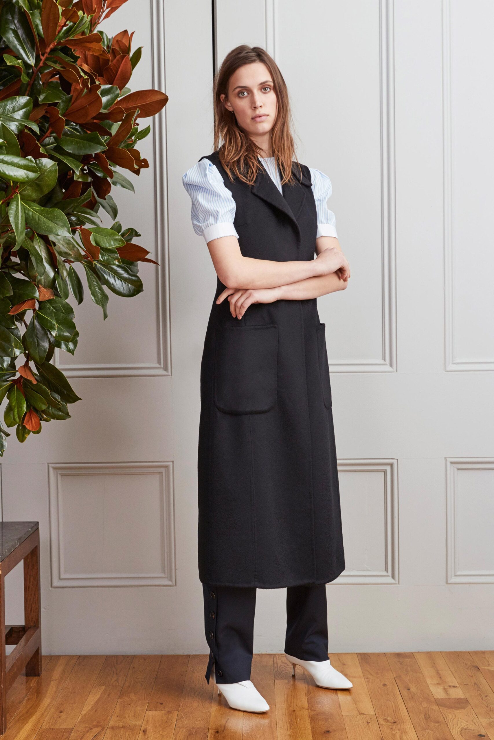 black midi dress with blue shirt