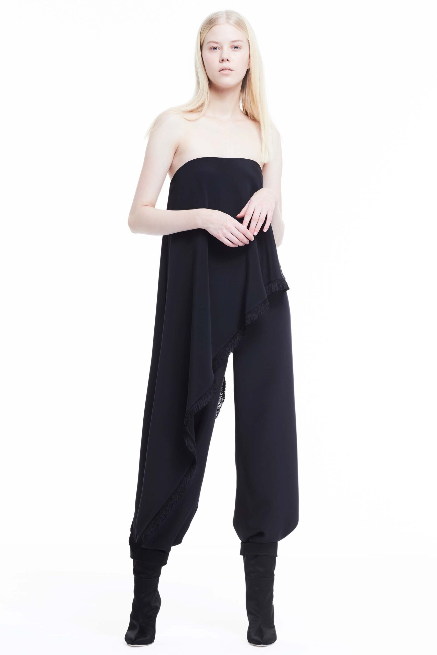 black silk strapless jumpsuit