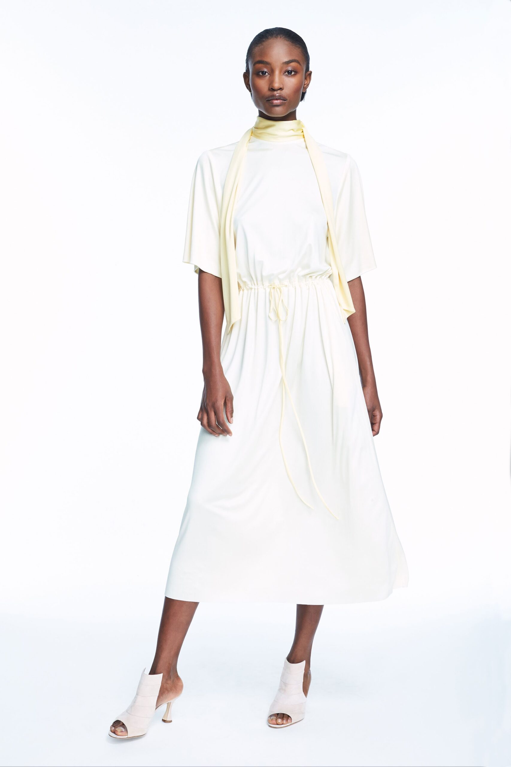 white silk short-sleeve high-neck fitted belted midi dress