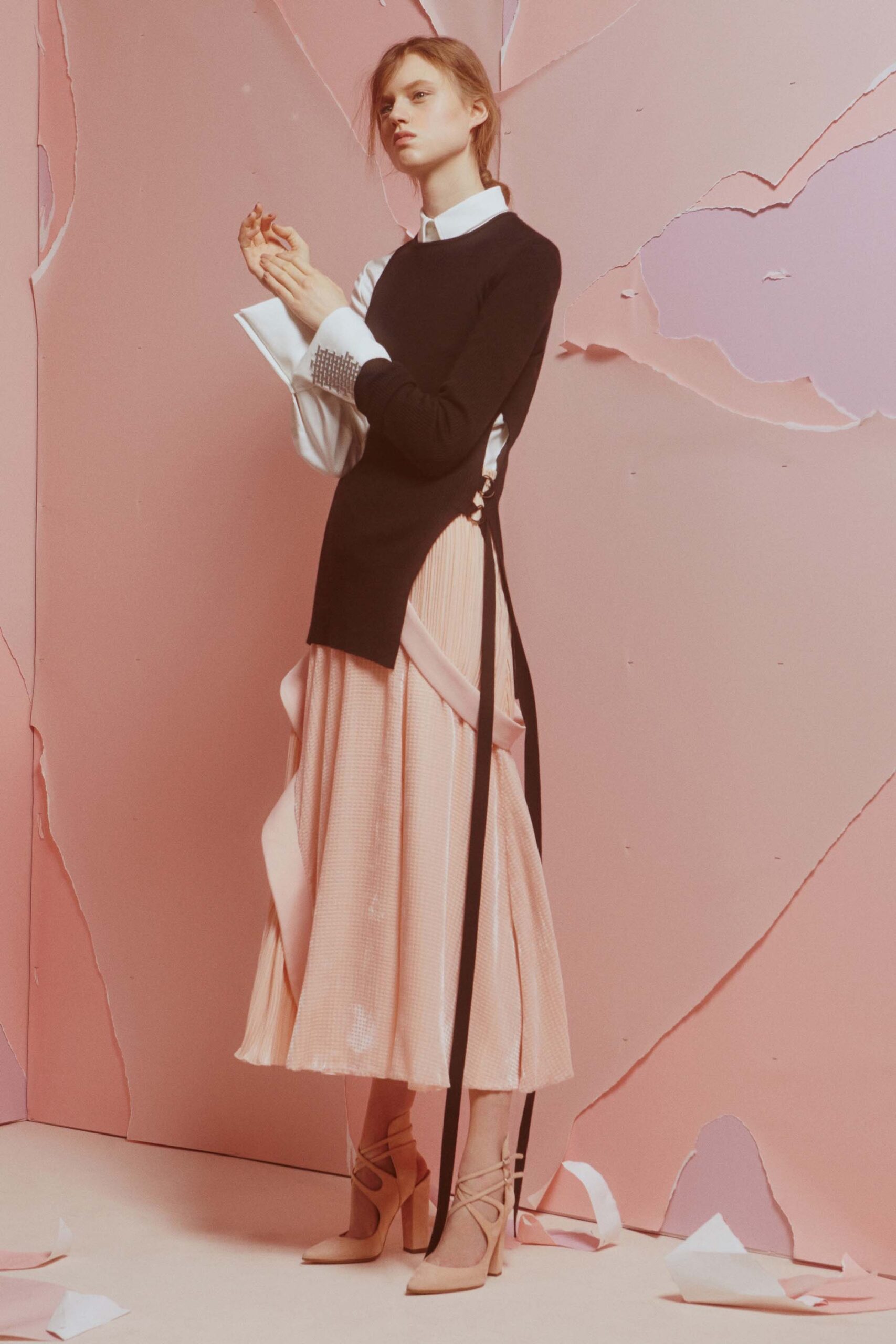 pink silk asymmetric relaxed pleated flowing midi skirt