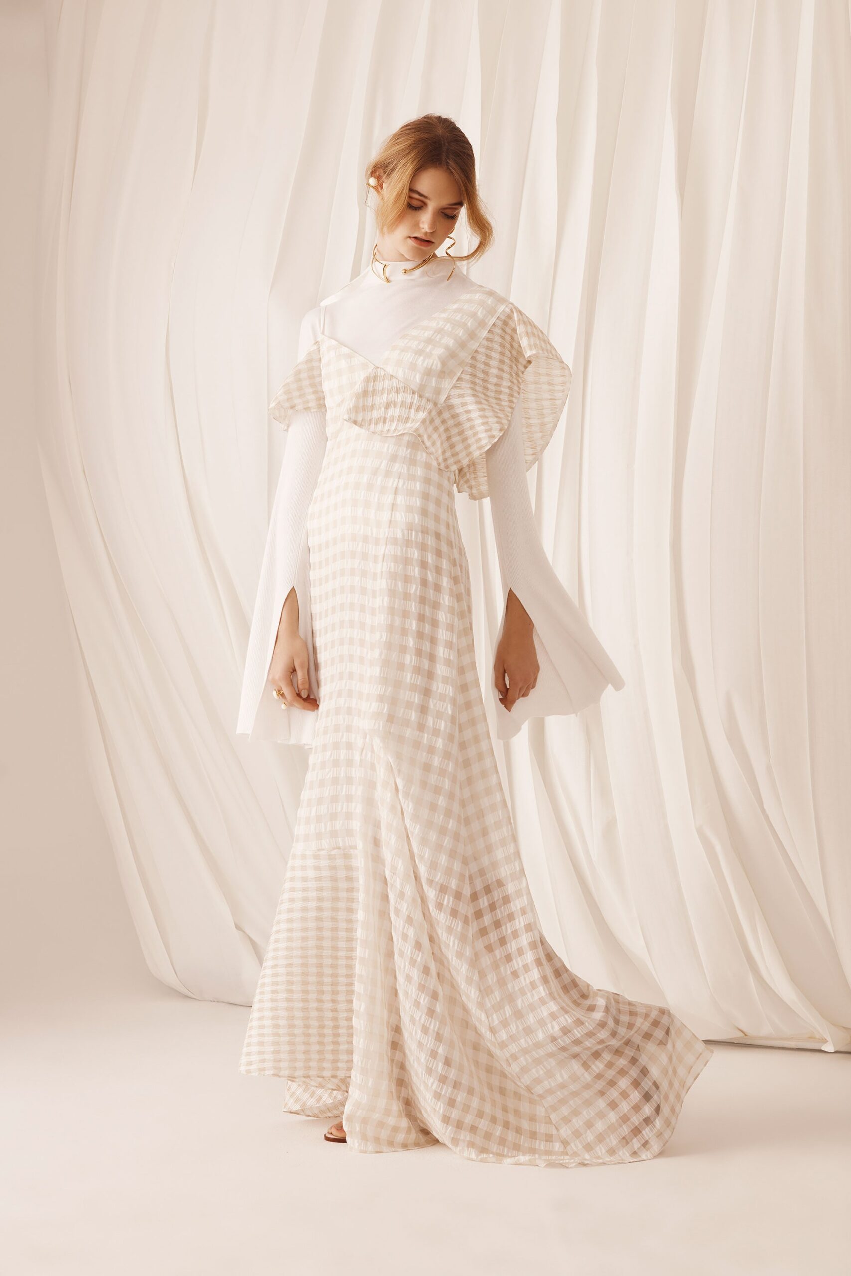 white beige silk flared gown