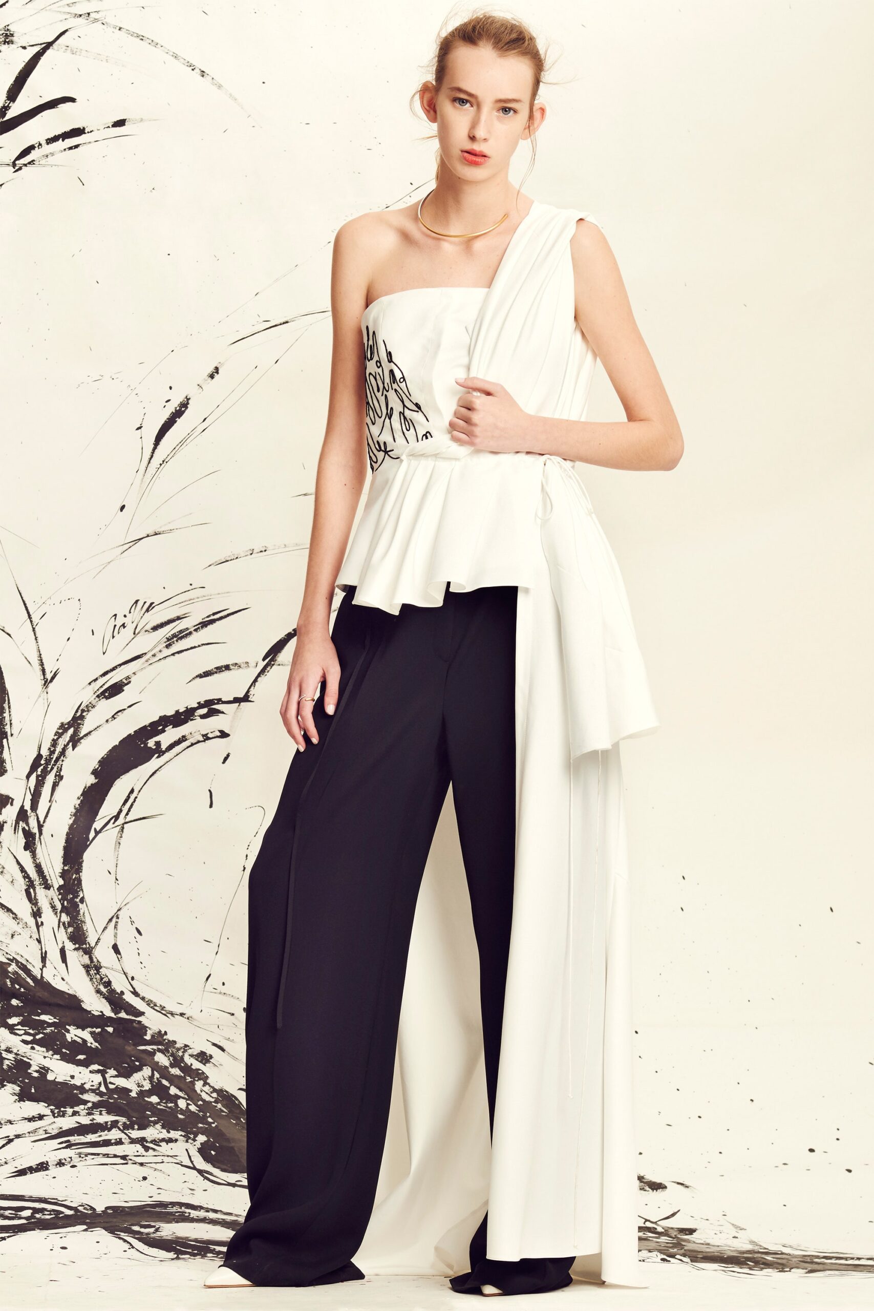 white cotton sleeveless asymmetric fitted flared top