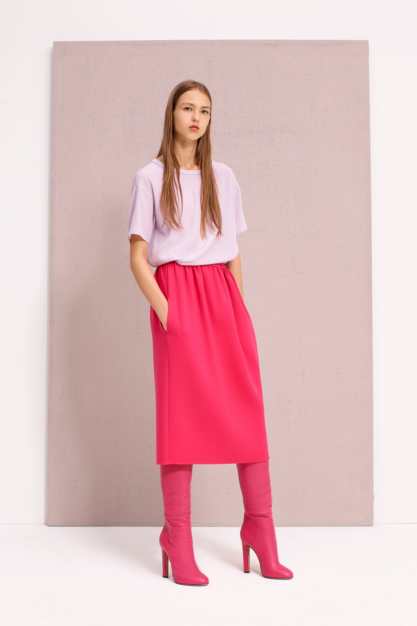 lavender top pink midi skirt