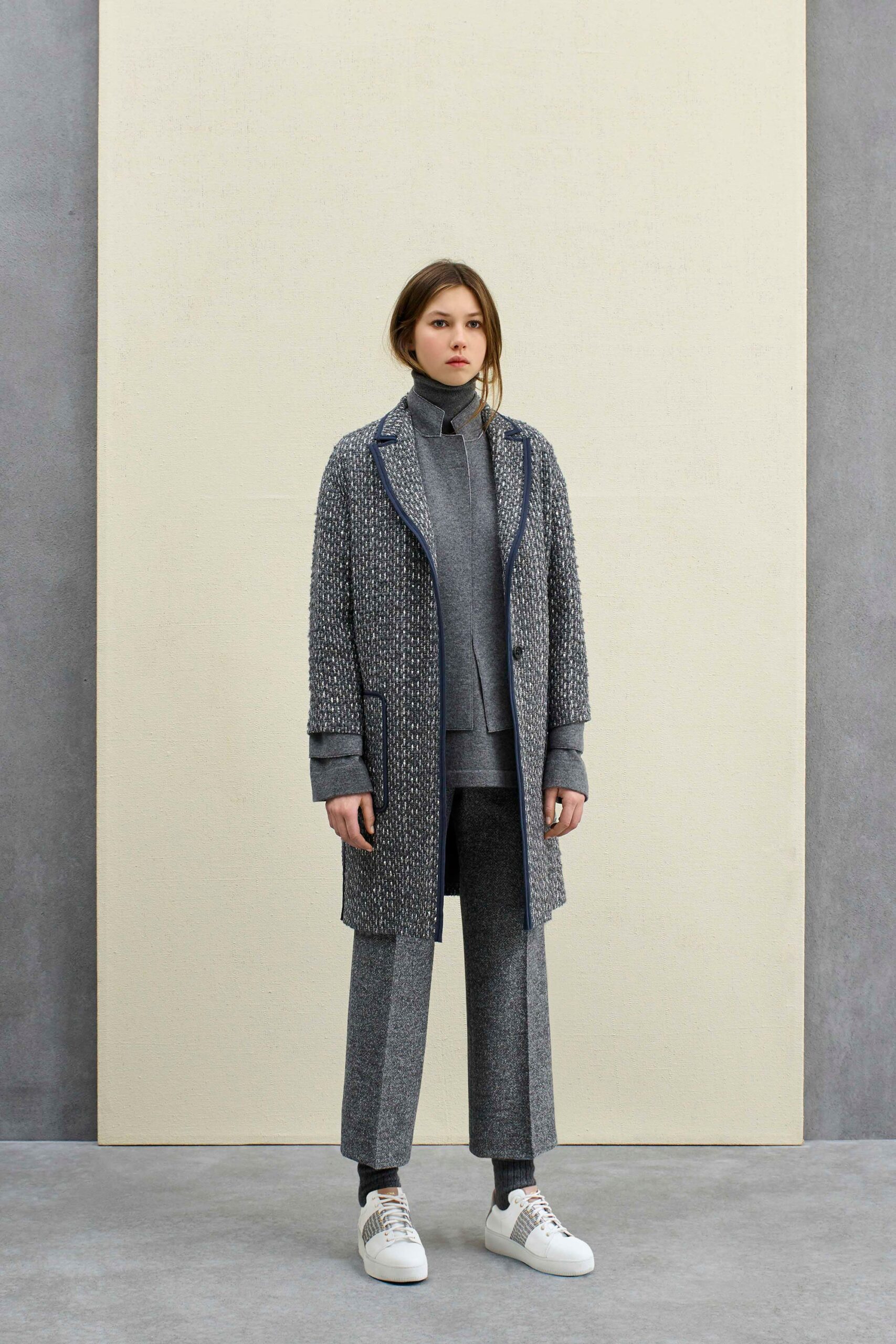 gray wool long-sleeve high-neck fitted sweater