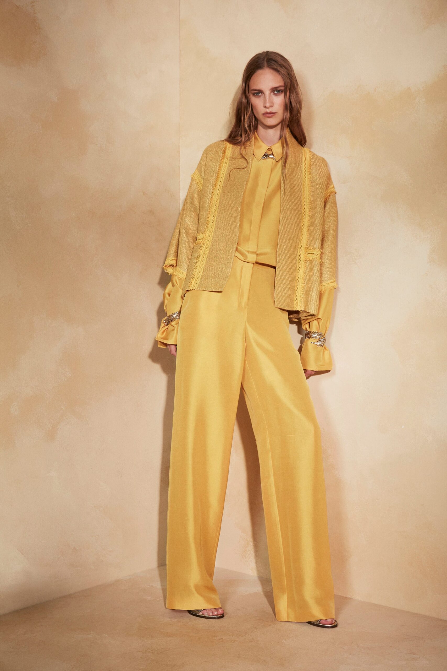 yellow silk long-sleeve collared relaxed buttoned blouse