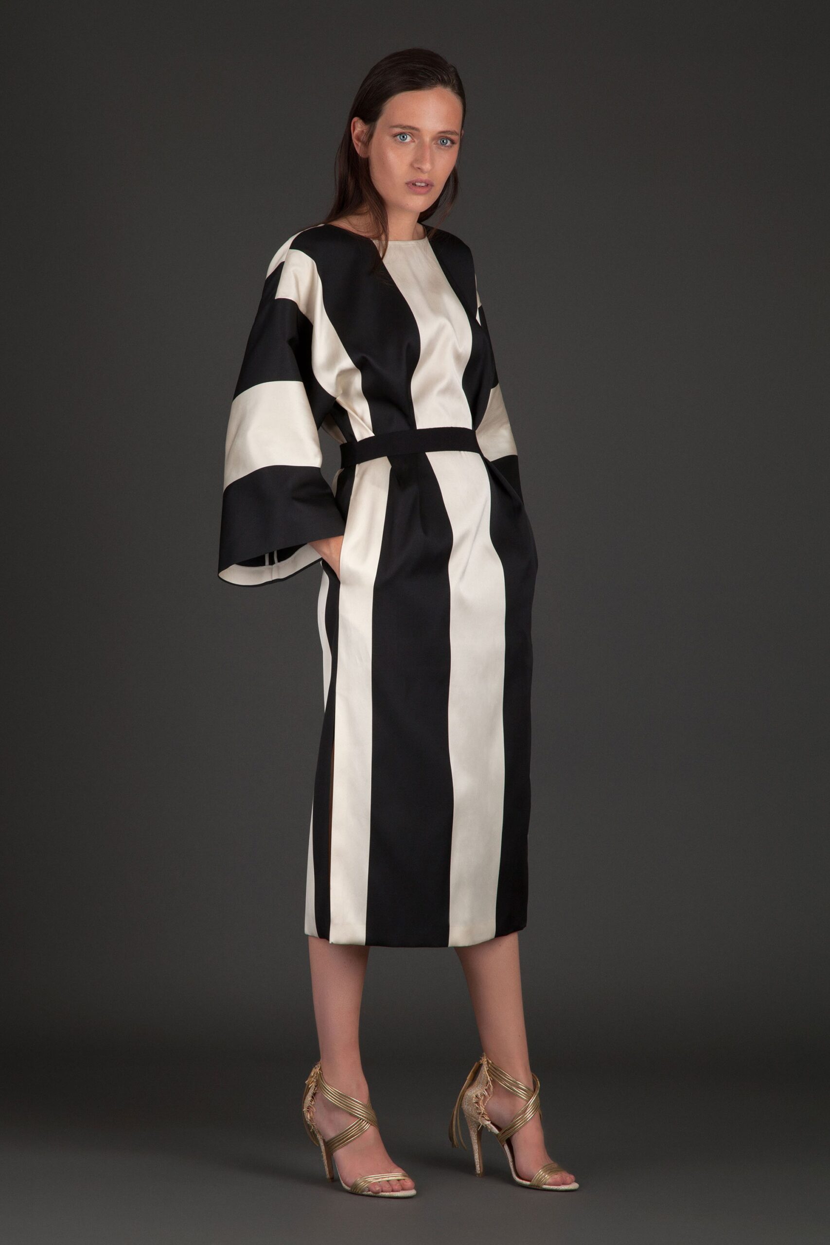 black and white striped midi dress