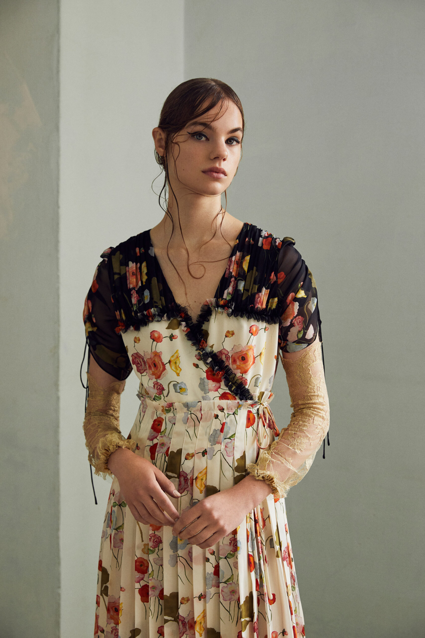 floral midi dress with black cape