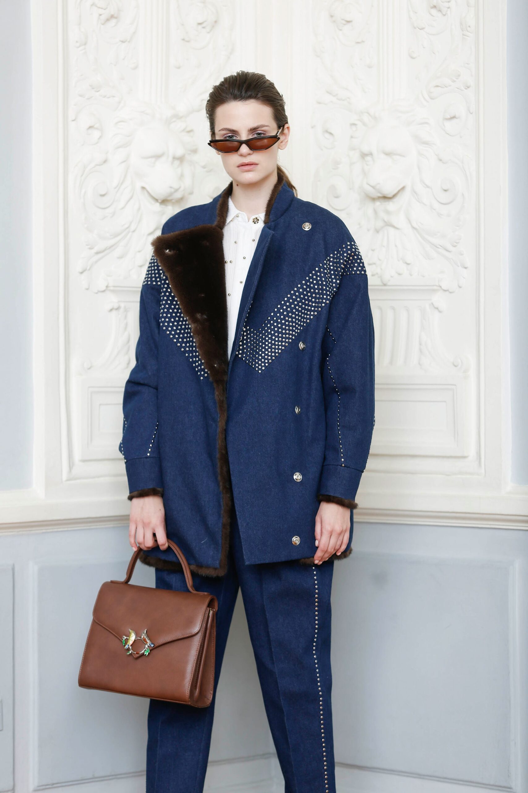 blue denim long-sleeve collared relaxed buttoned embellished jacket