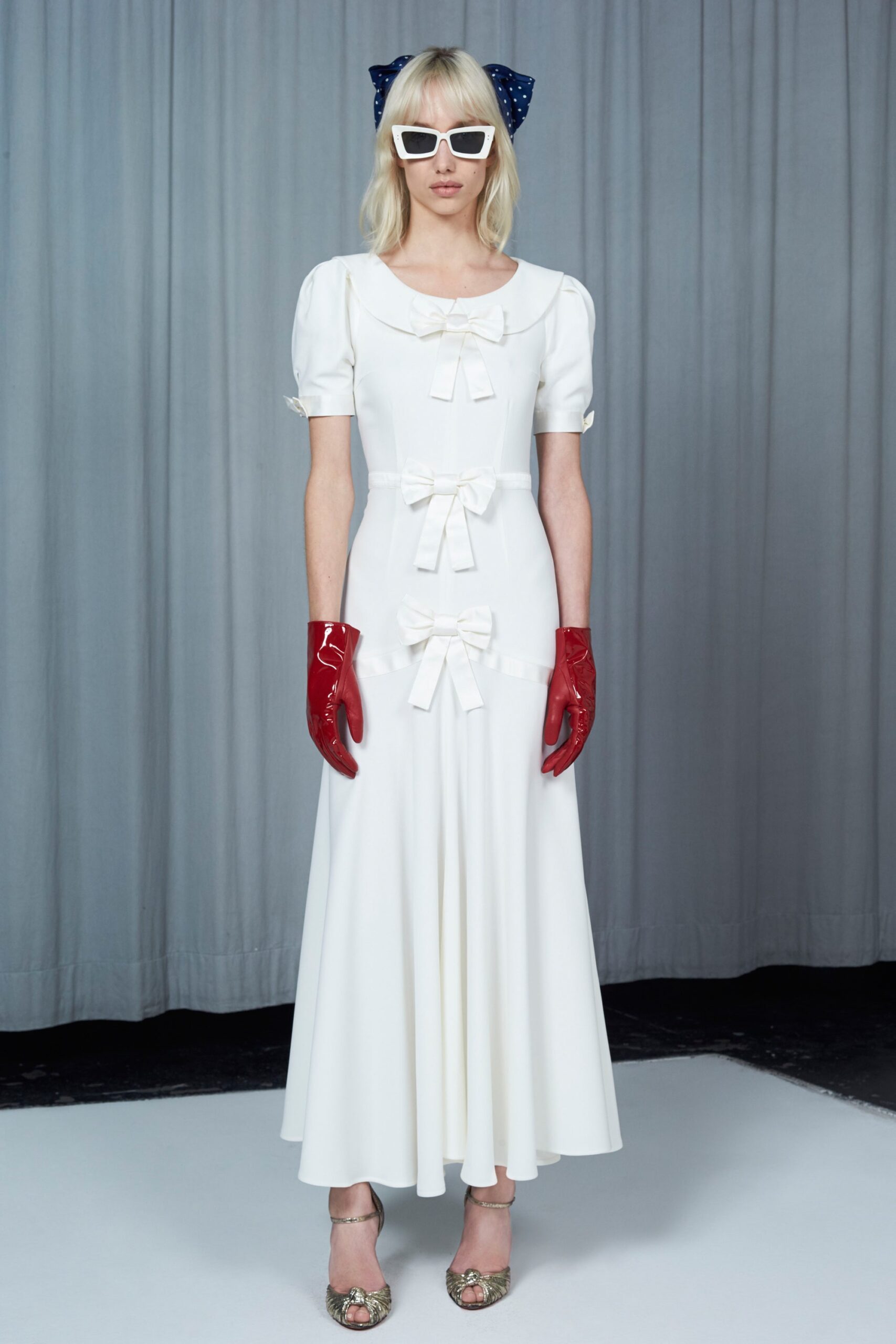 white fitted midi dress with gloves