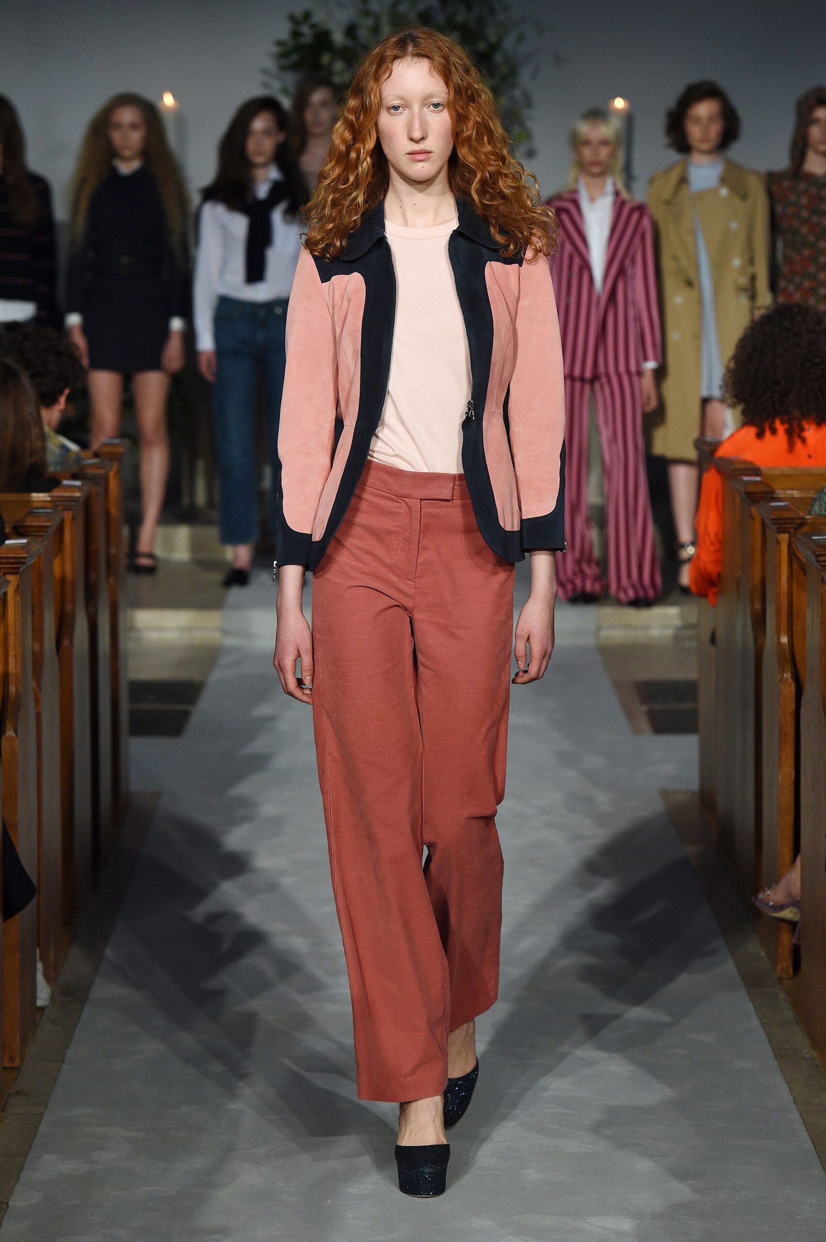 pink fitted jacket with wide-leg pants