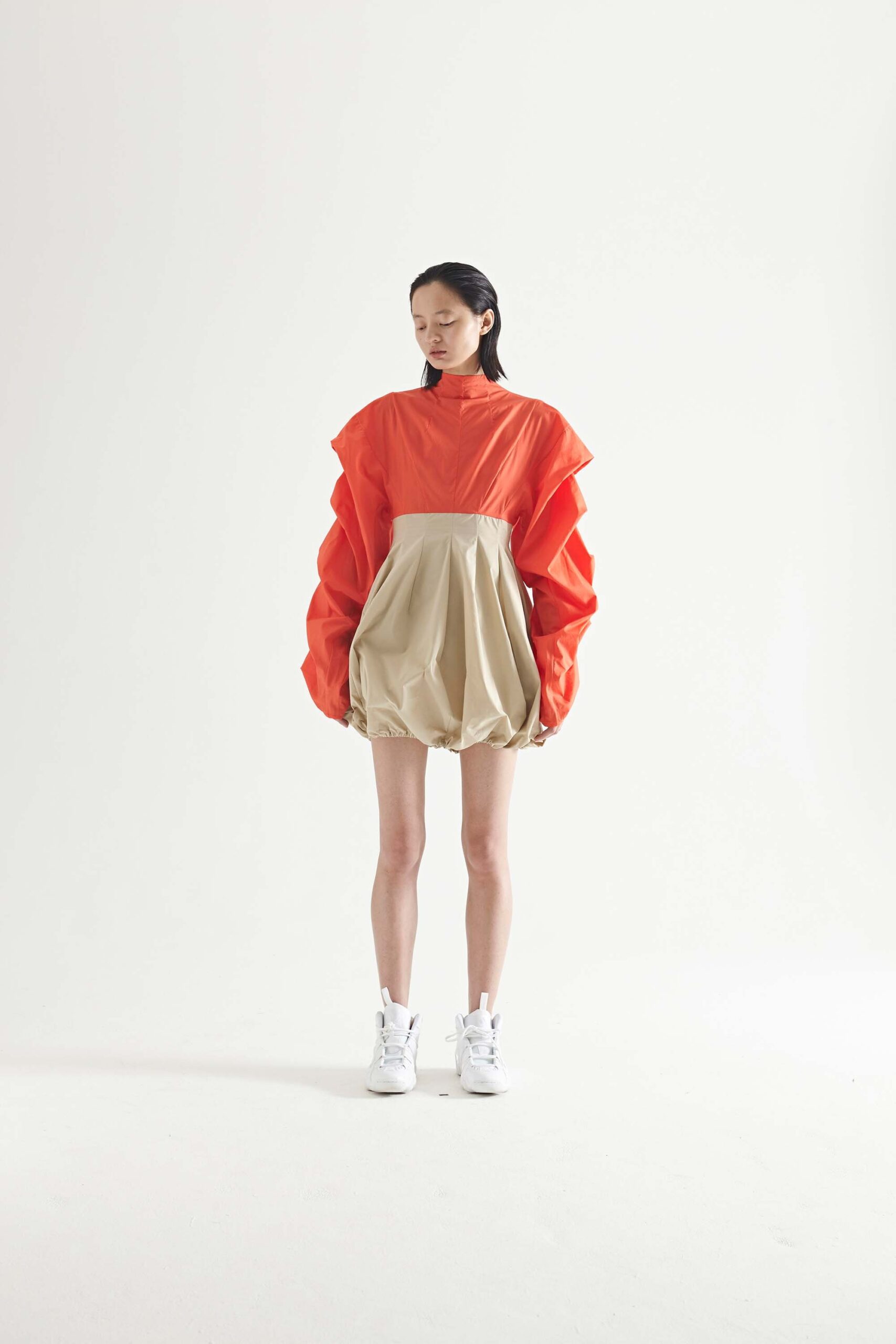 orange and beige ruffled mini dress