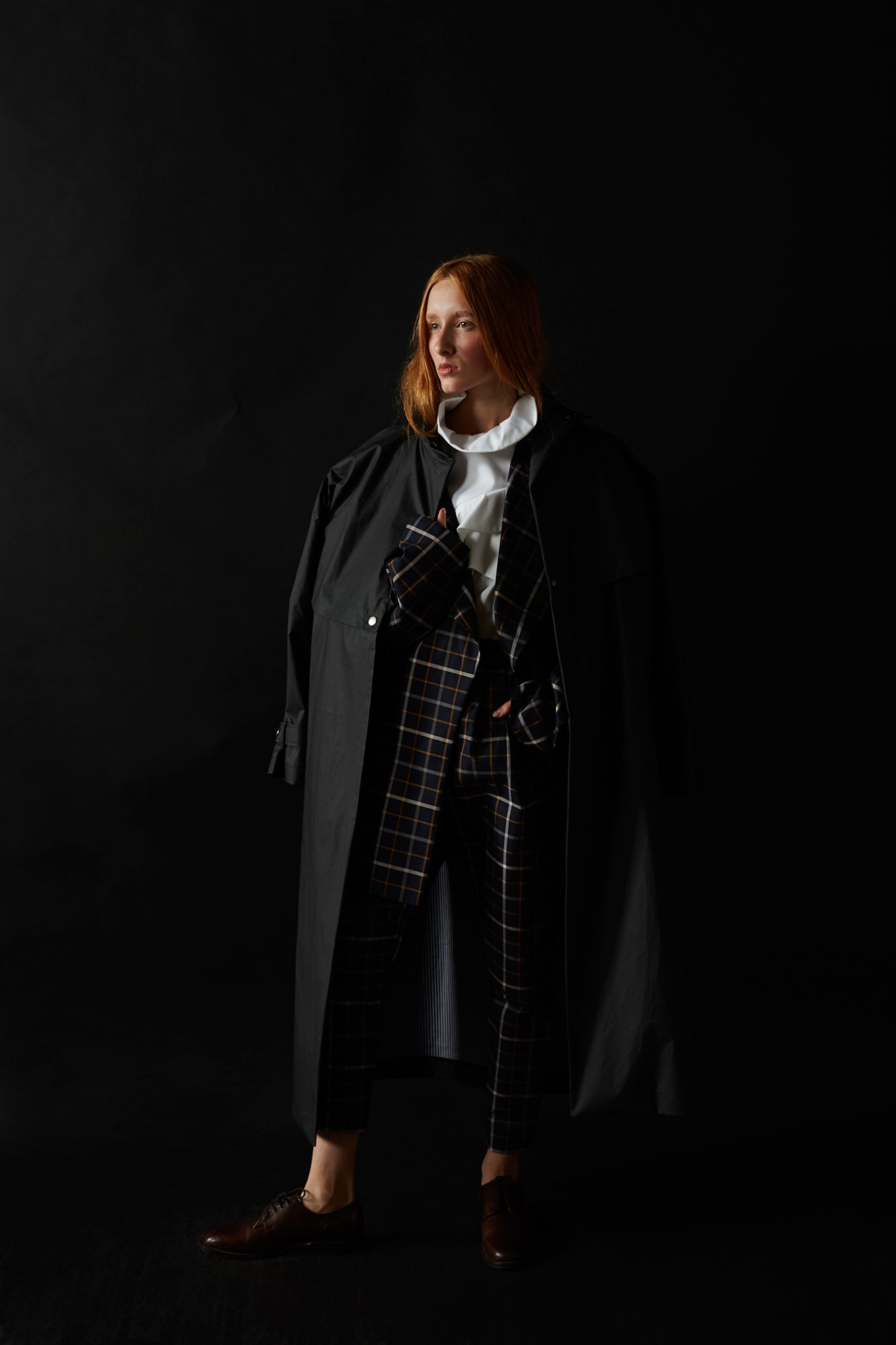 black oversized coat with tailored pants