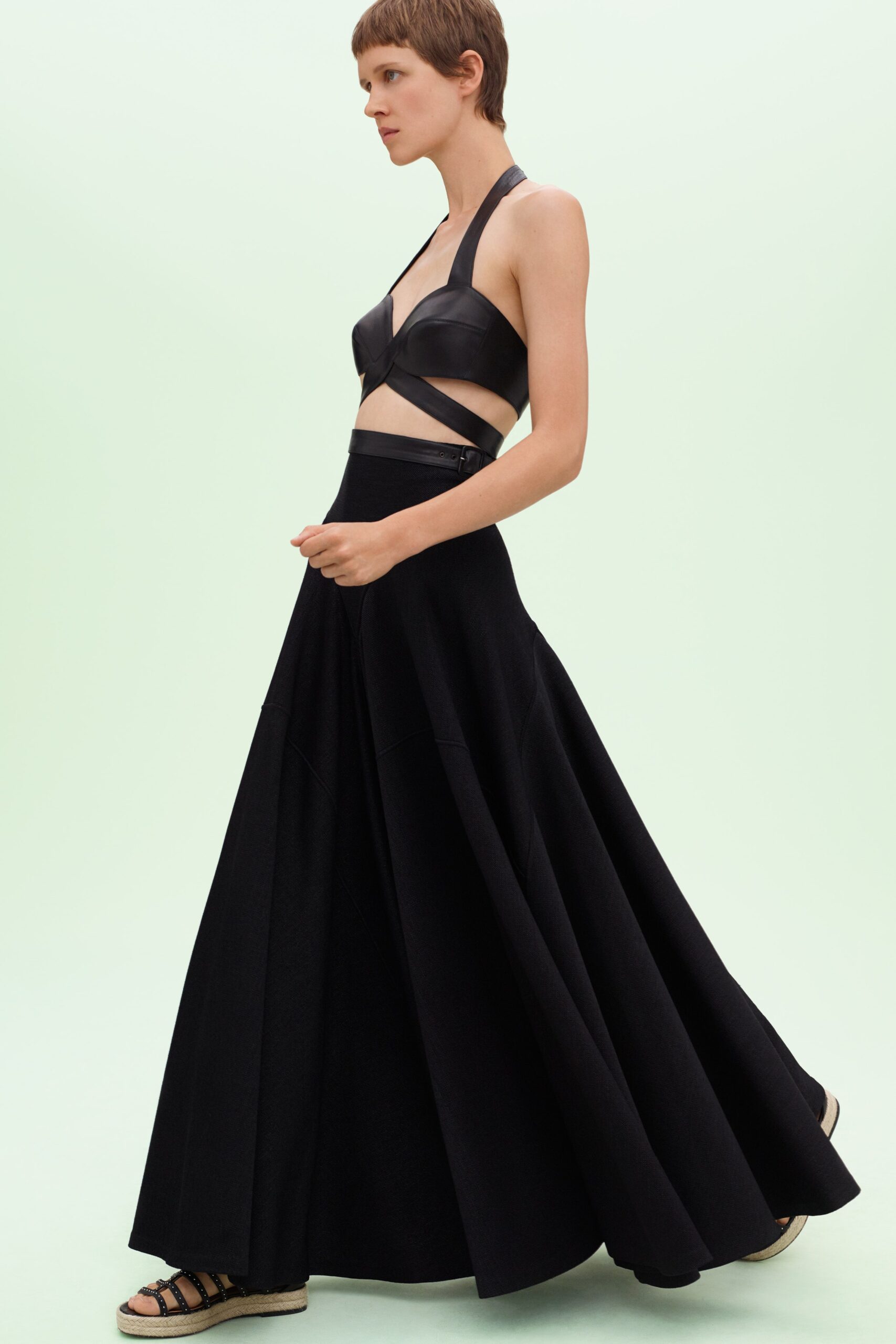 black wool fitted flared maxi skirt
