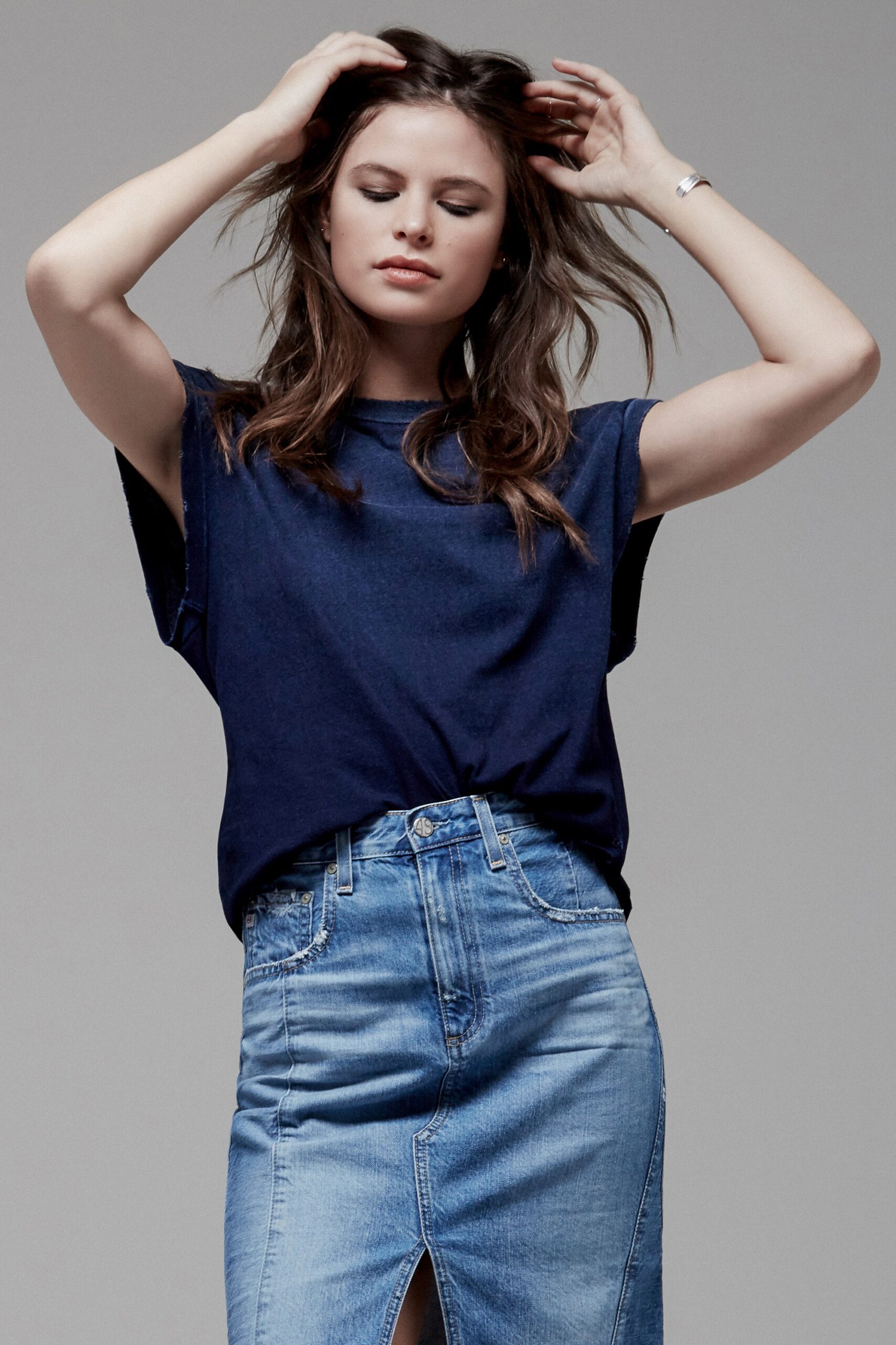 blue cotton top with denim skirt