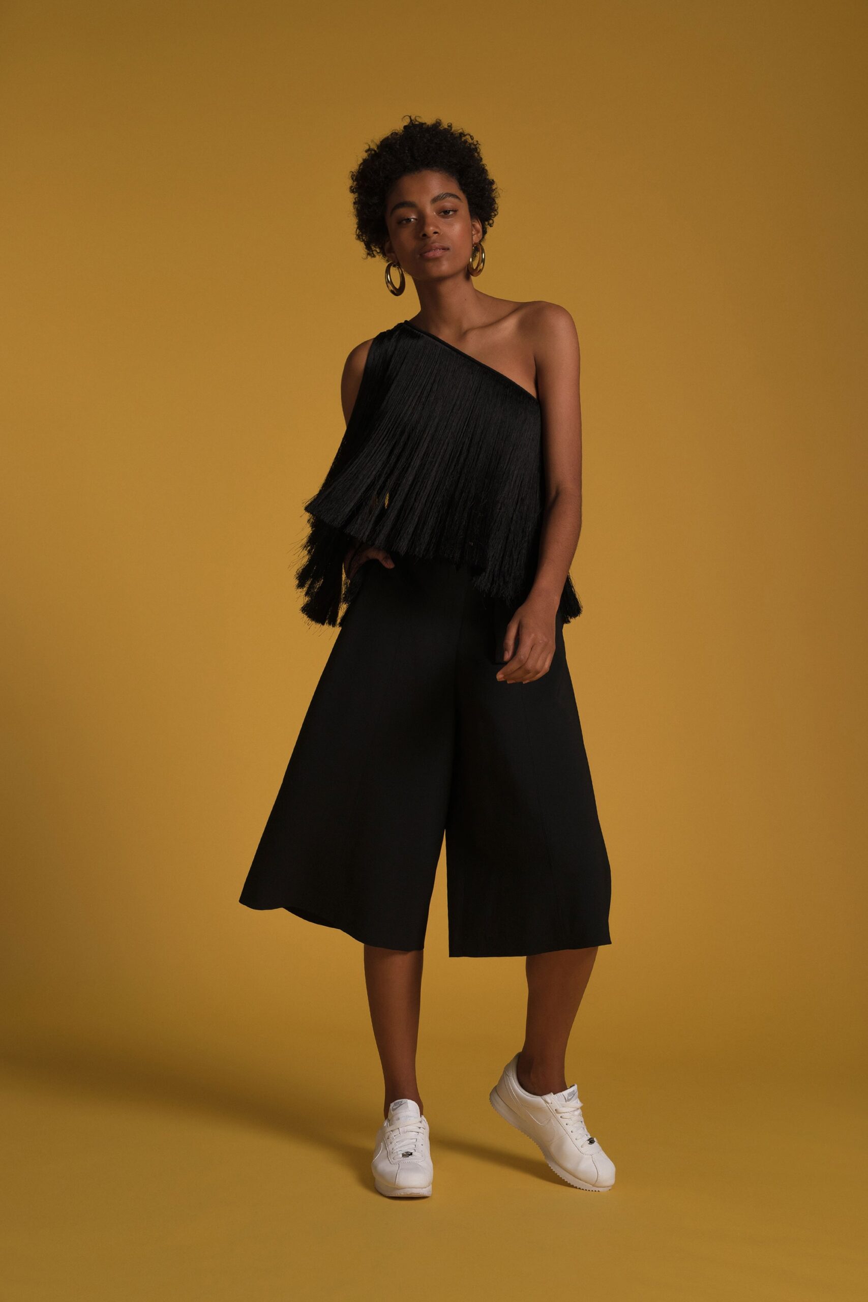 black cotton relaxed wide-leg culottes