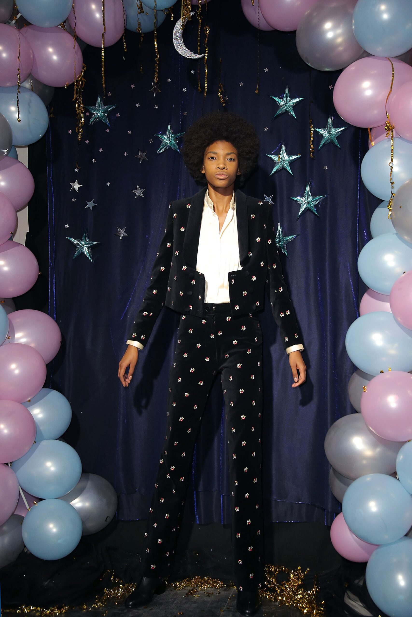 black velvet fitted suit with white shirt