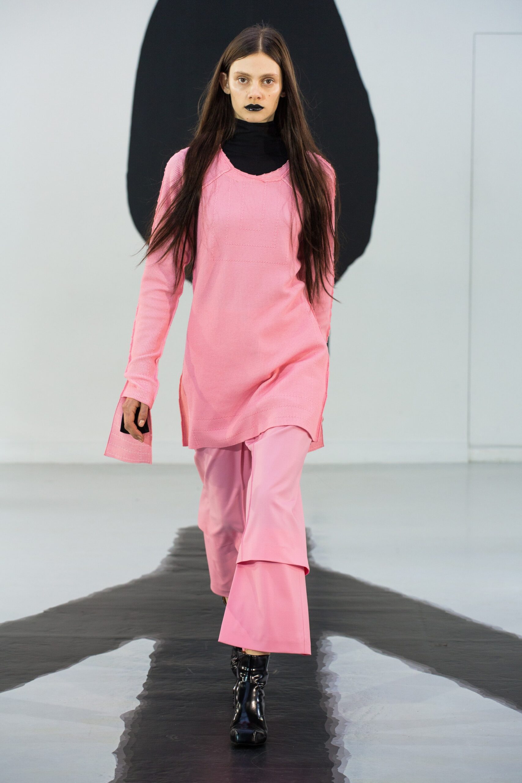 pink vinyl fitted flared pants