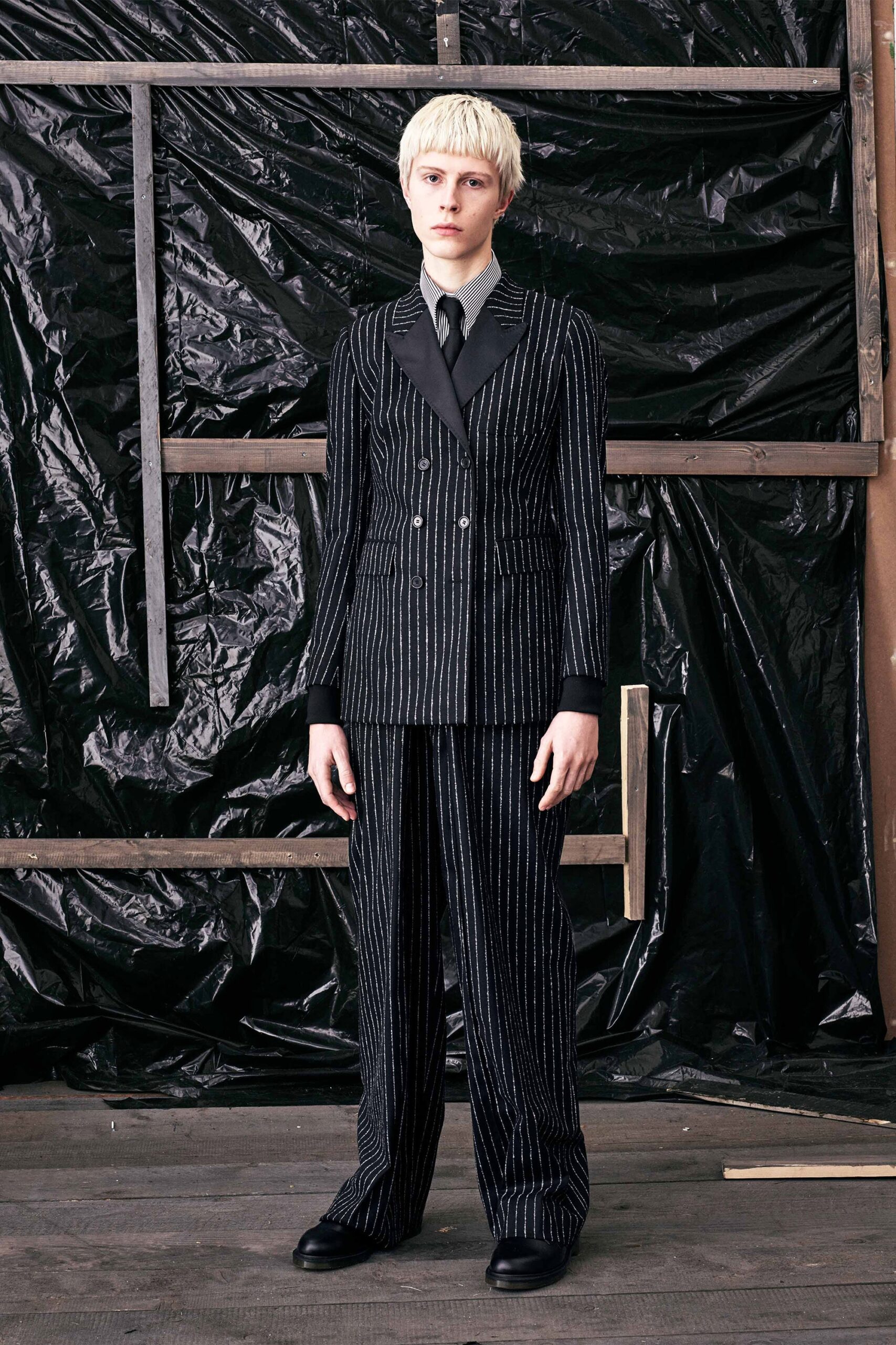 black and white striped suit