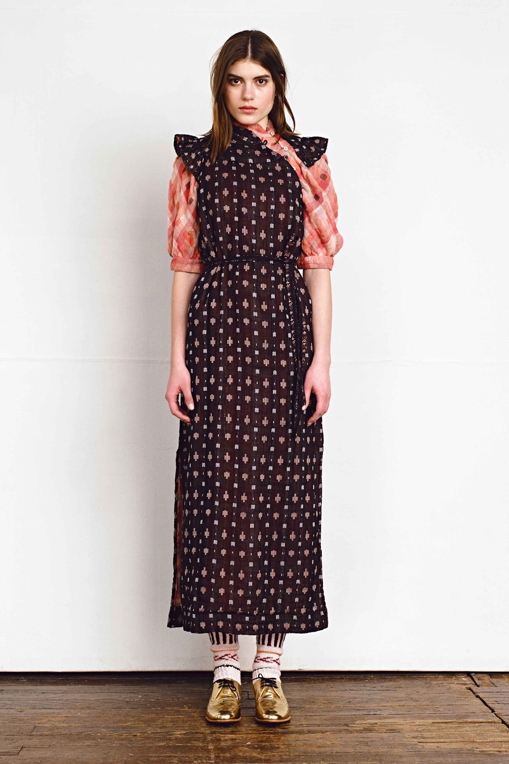 black printed maxi dress with pink top