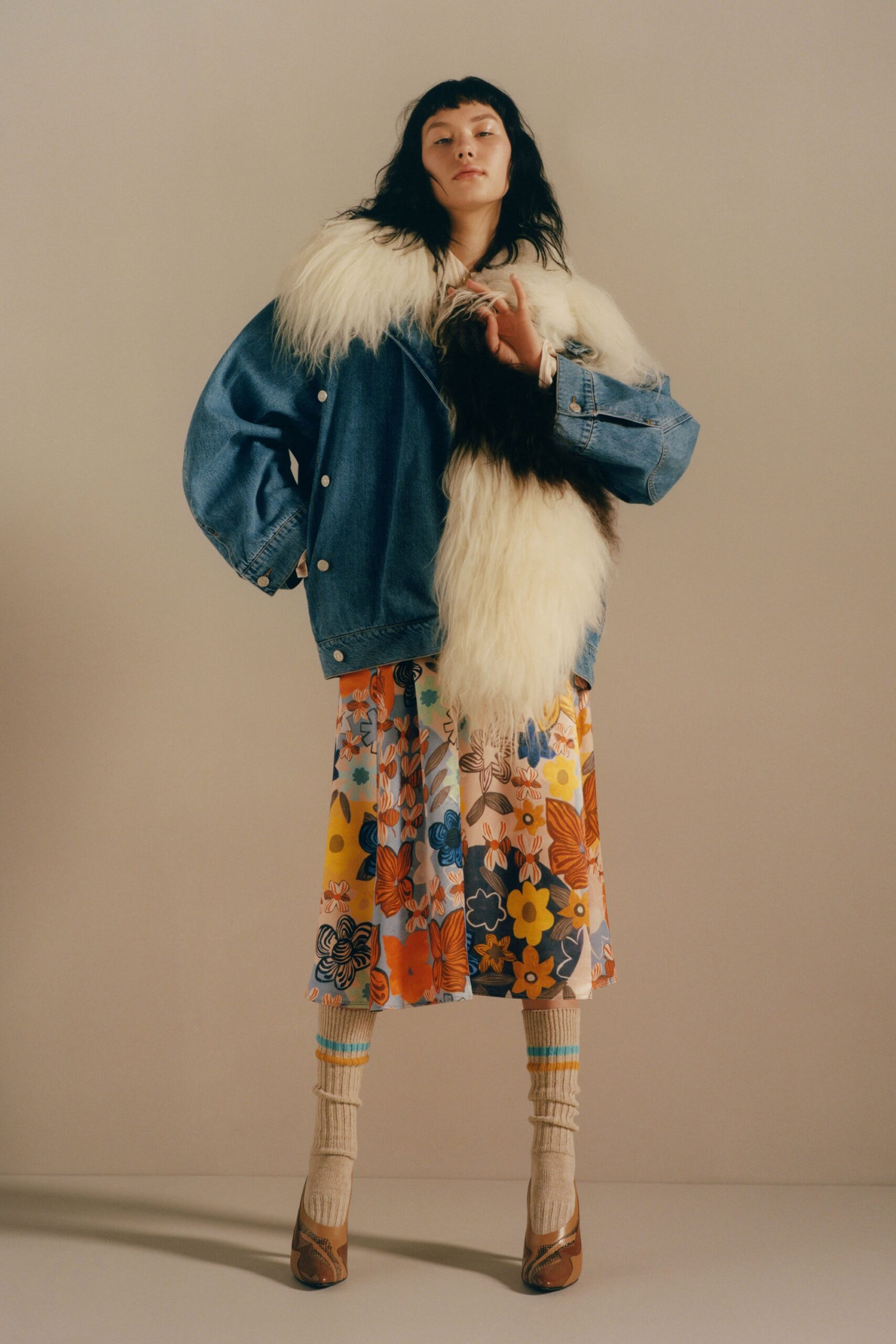 oversized denim jacket with floral dress