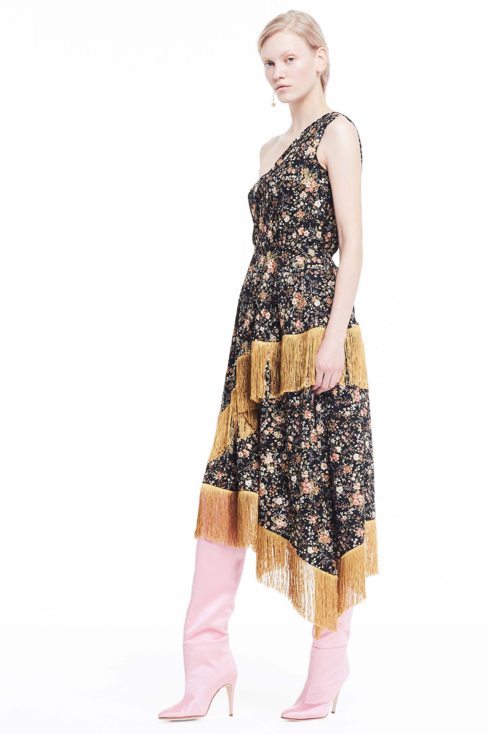 black floral midi dress with fringes