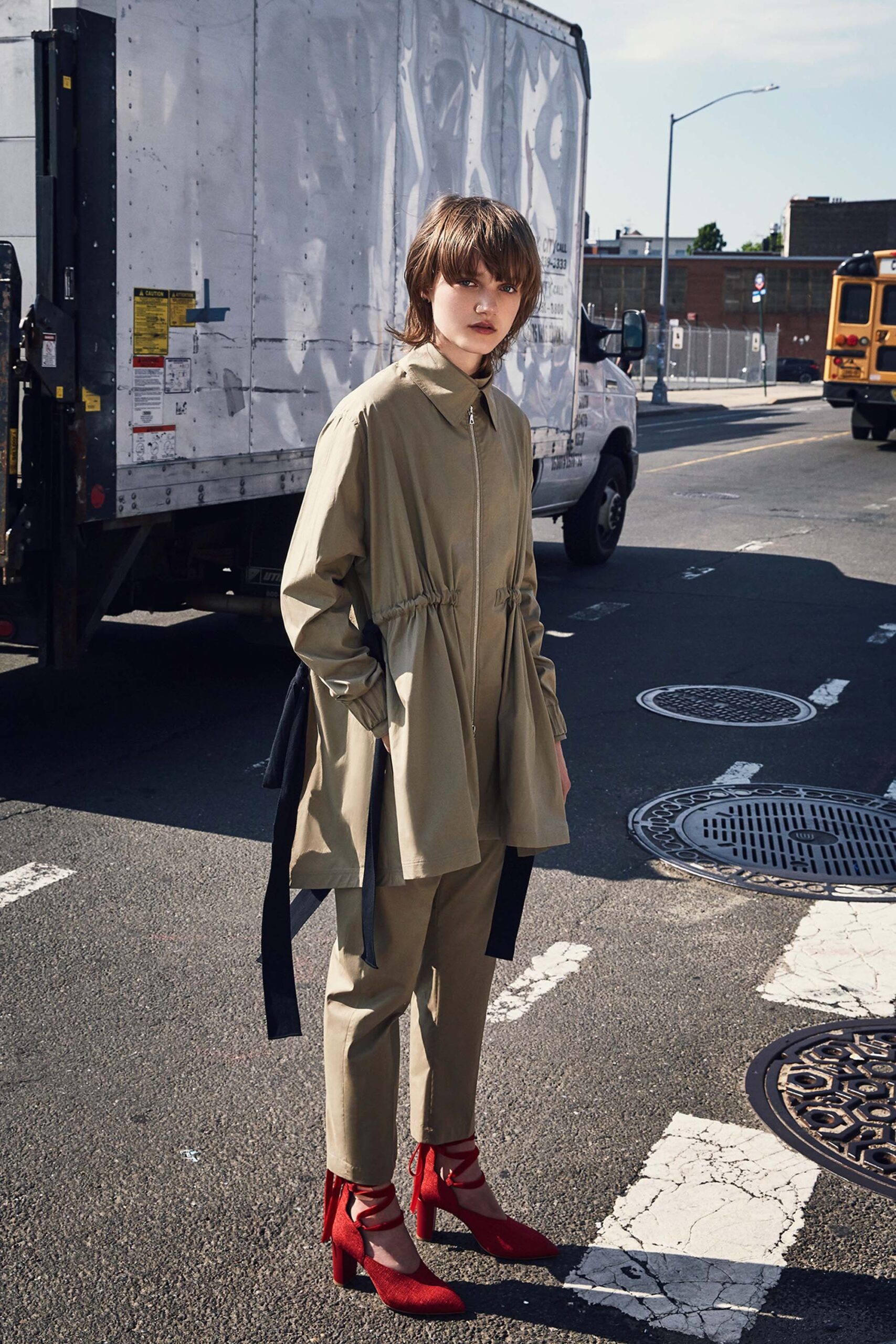 beige relaxed jacket with slim pants