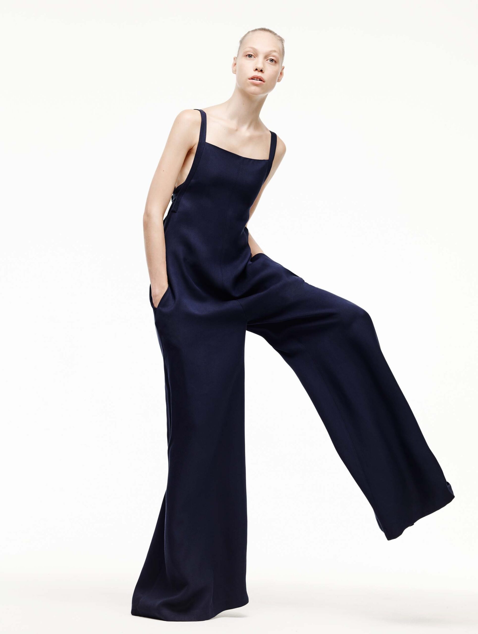 blue silk sleeveless jumpsuit