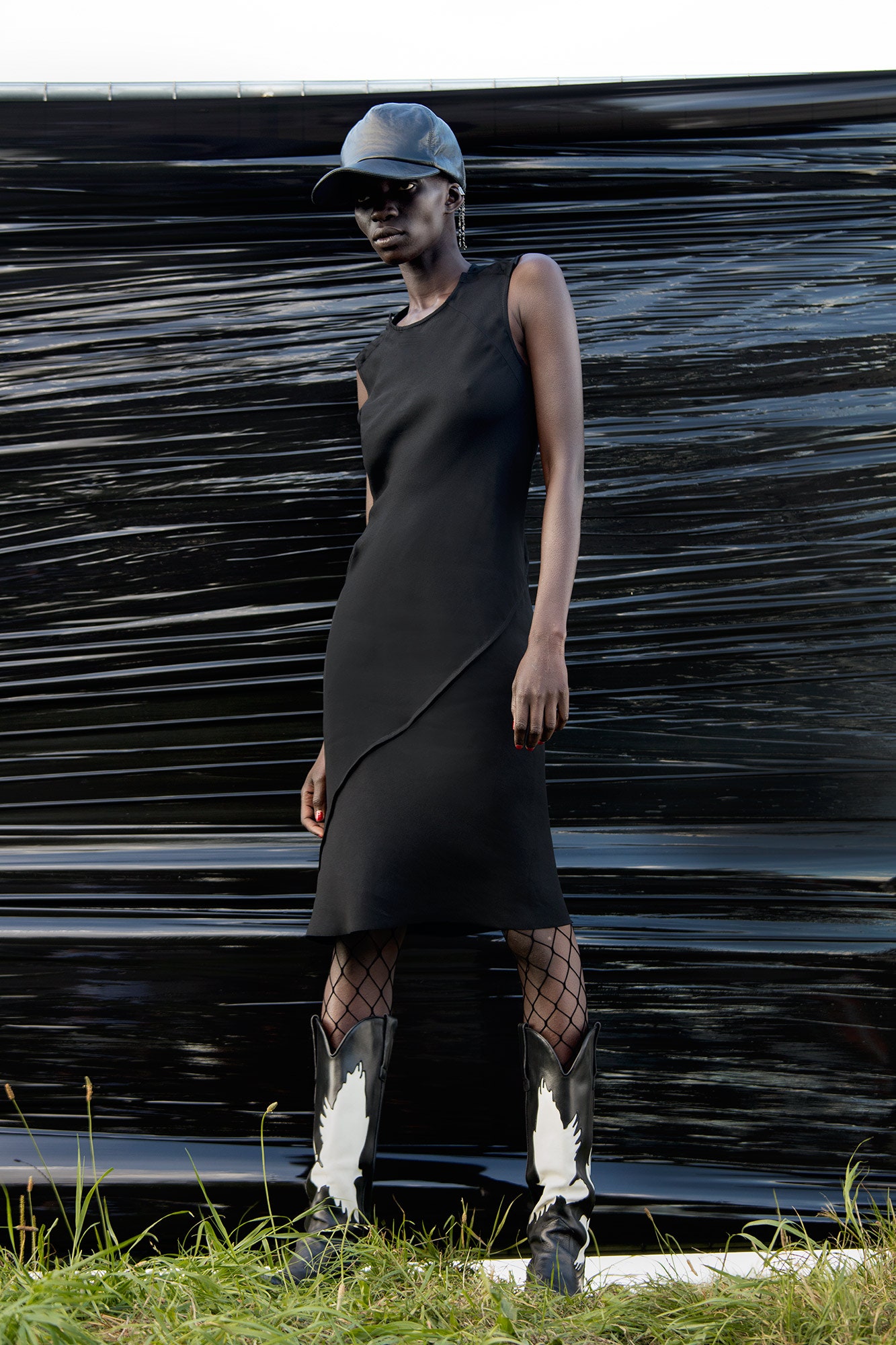 black cotton sleeveless high-neck fitted midi dress