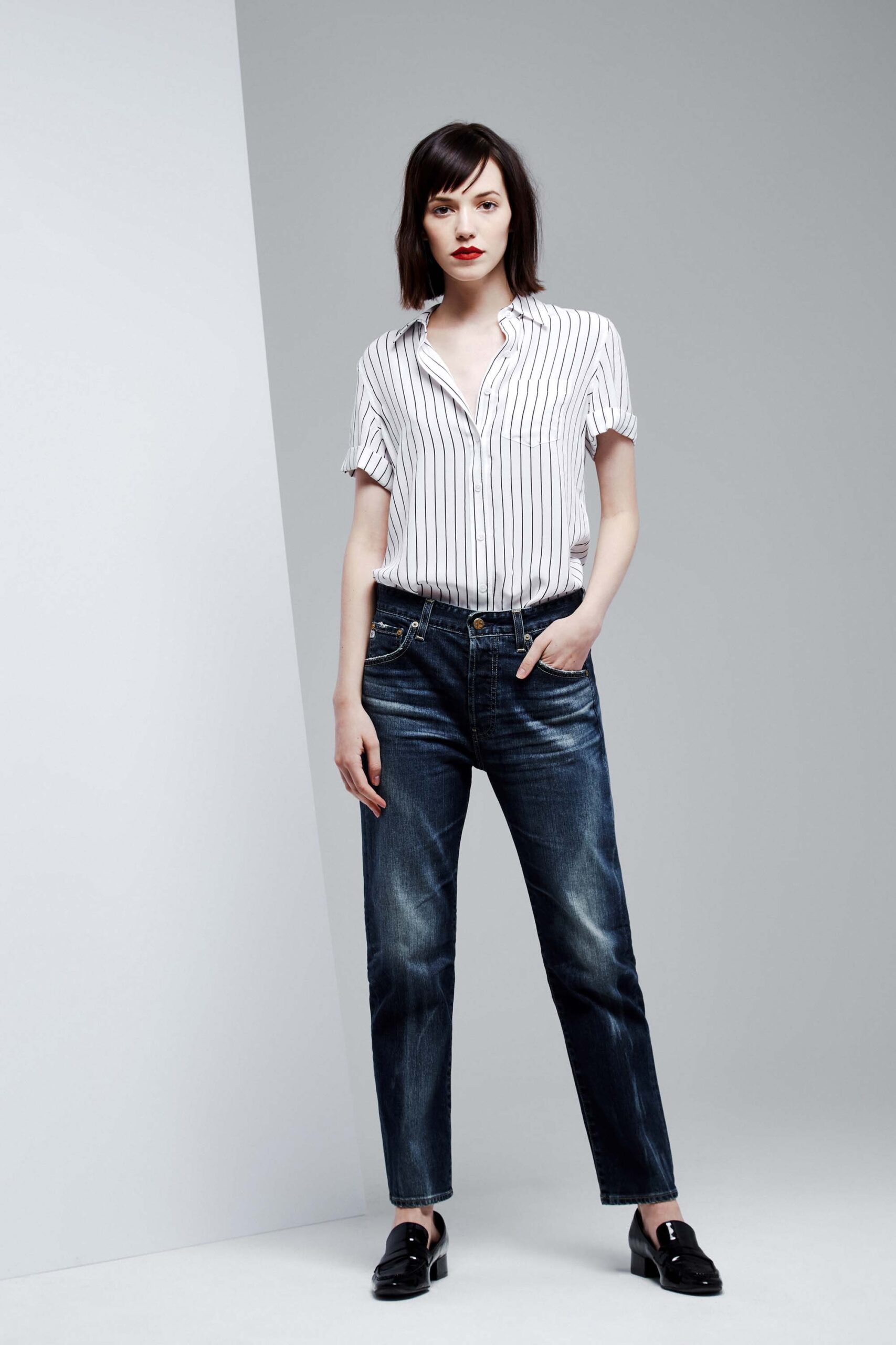 striped shirt and denim pants