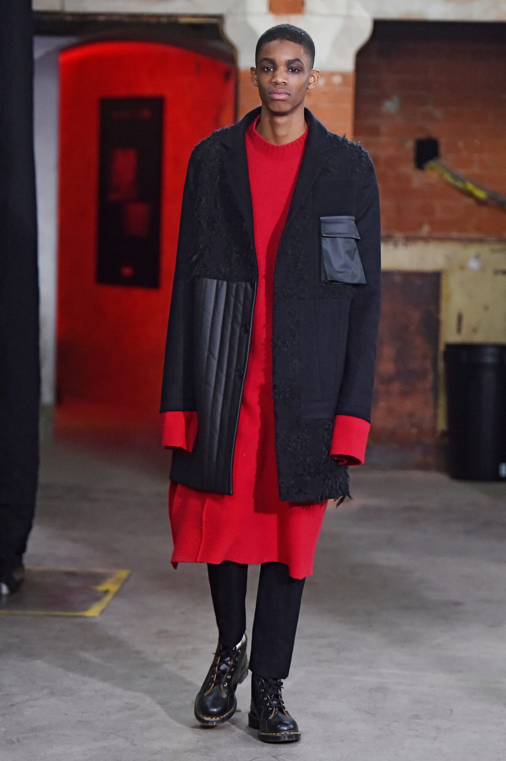 red wool long-sleeve collared fitted straight-leg midi dress