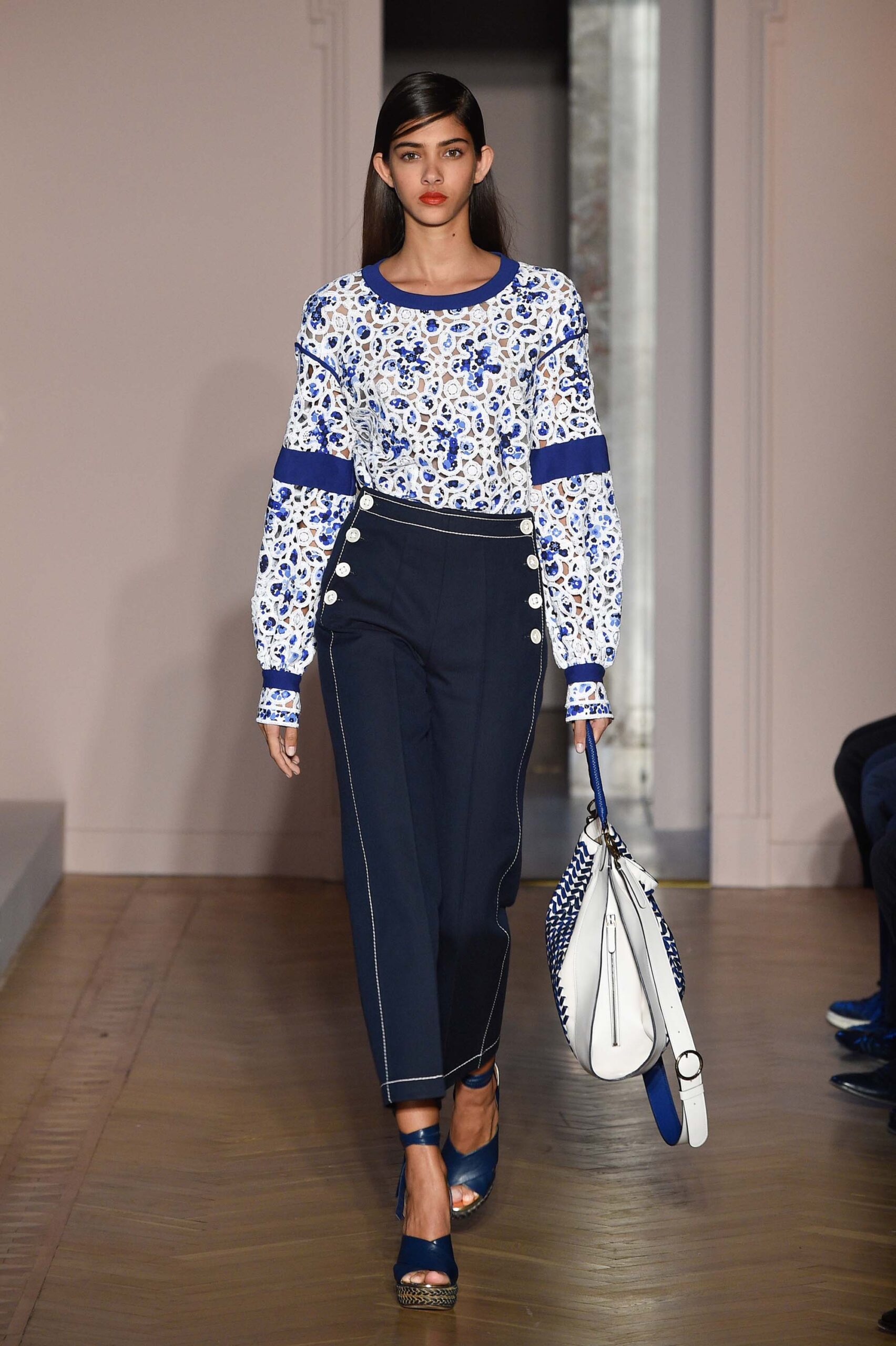 blue cotton tailored high-waisted straight-leg buttoned pants