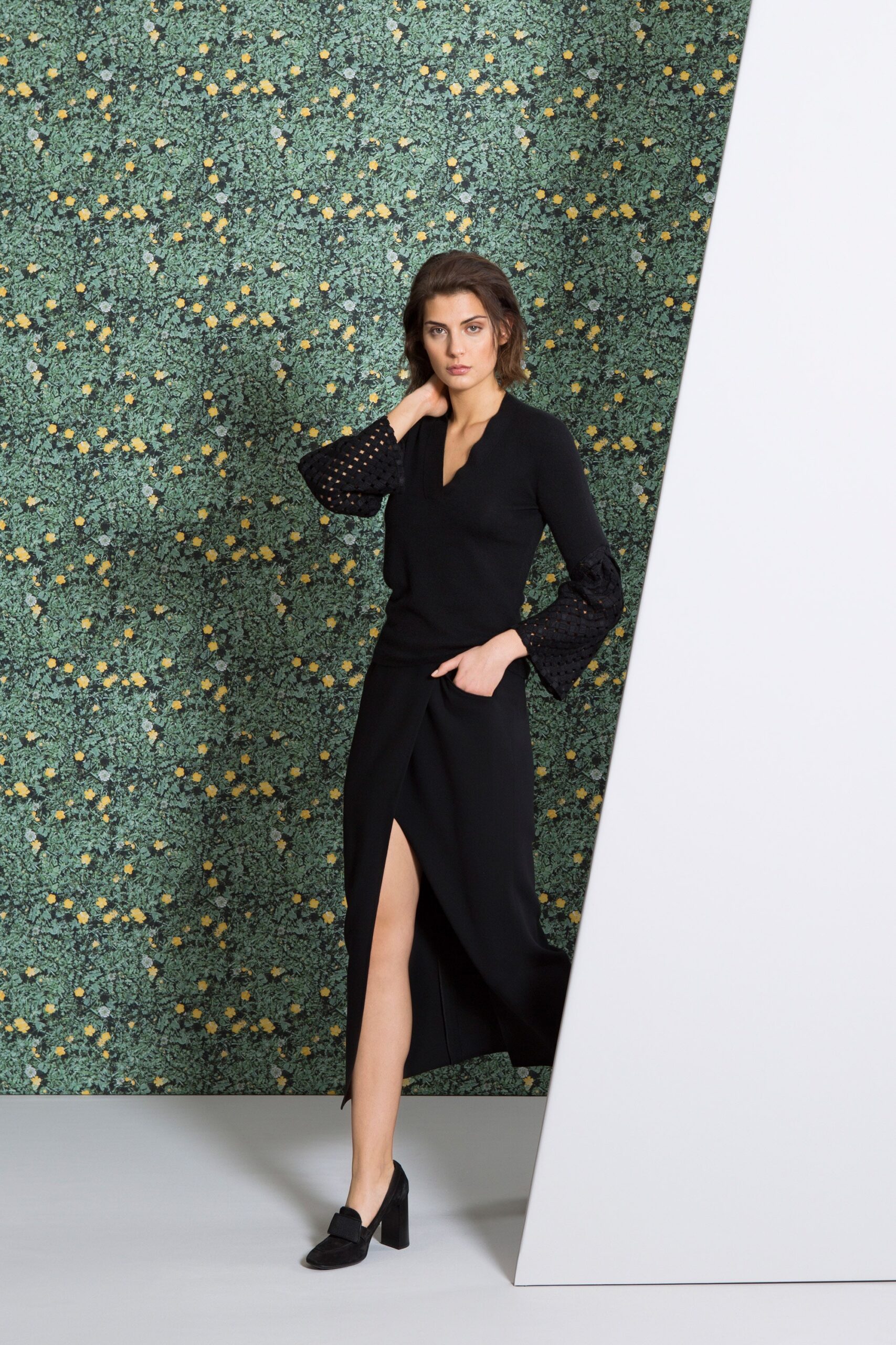 black fitted top and skirt