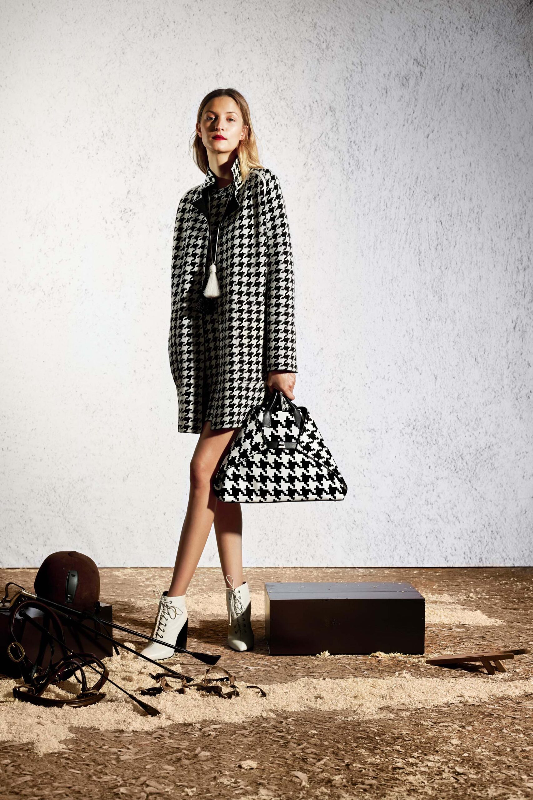 black and white checked coat