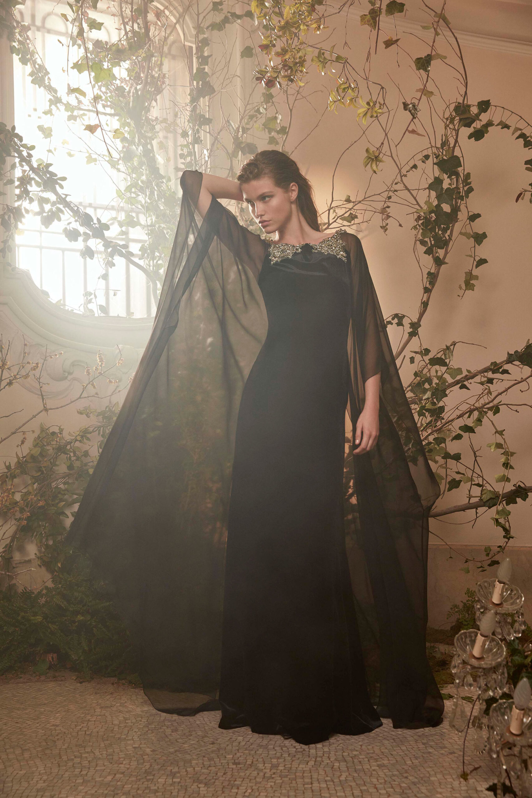 black silk gown with cape